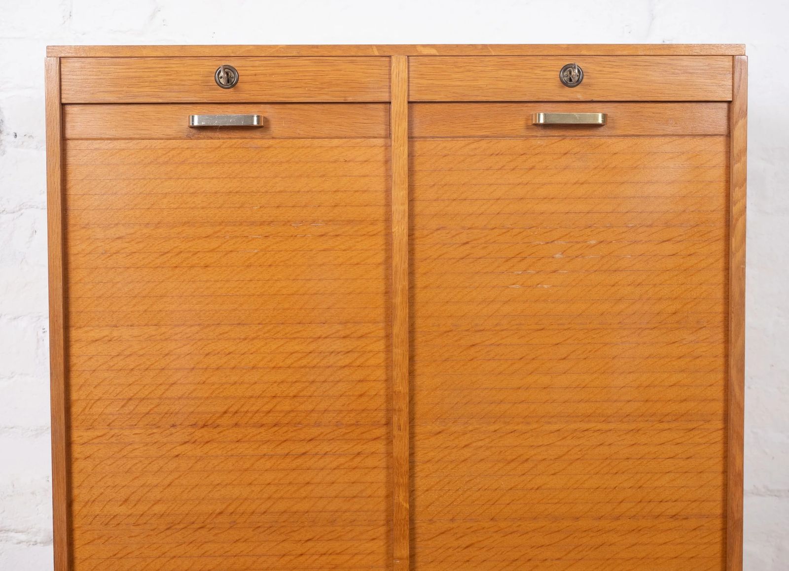 Mid Century French Oak Twin Door Tambour Cabinet photo 785.0