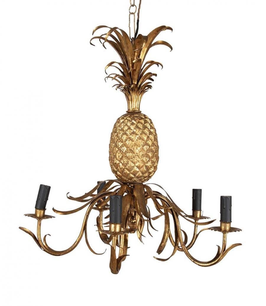 1940s French Five Arm Pineapple Gilt Chandelier