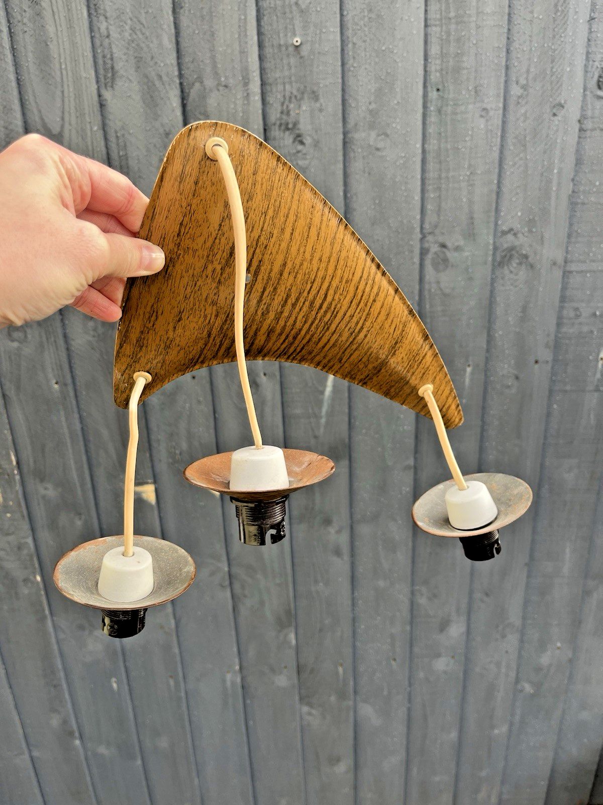 Mid Century Modern 60's Scandi Danish Faux Teak Wood Boomerang 3 Ceiling Light photo vinterior