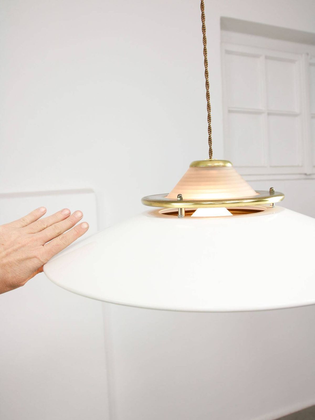 Vintage Italian Brass And Metal Saucer Pendant Lamp, 1970s photo Lighting