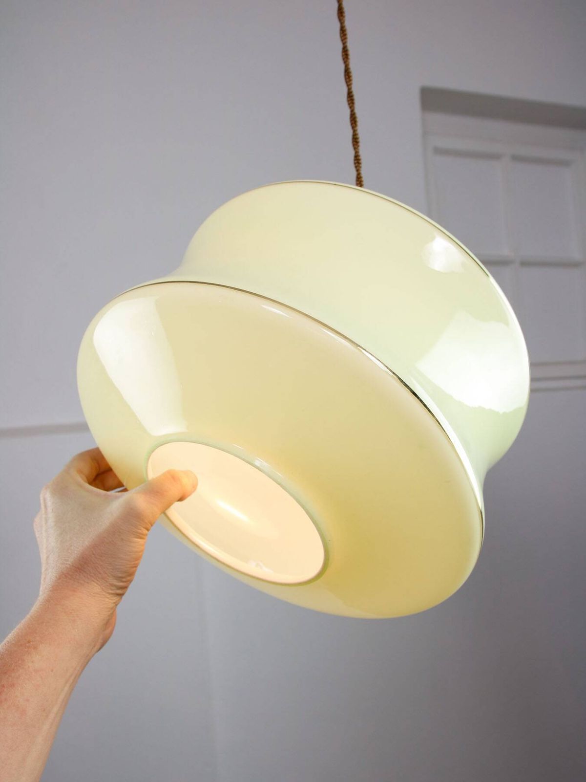 Mid Century Italian Brass And Green Glass Pendant Lamp photo 385.0