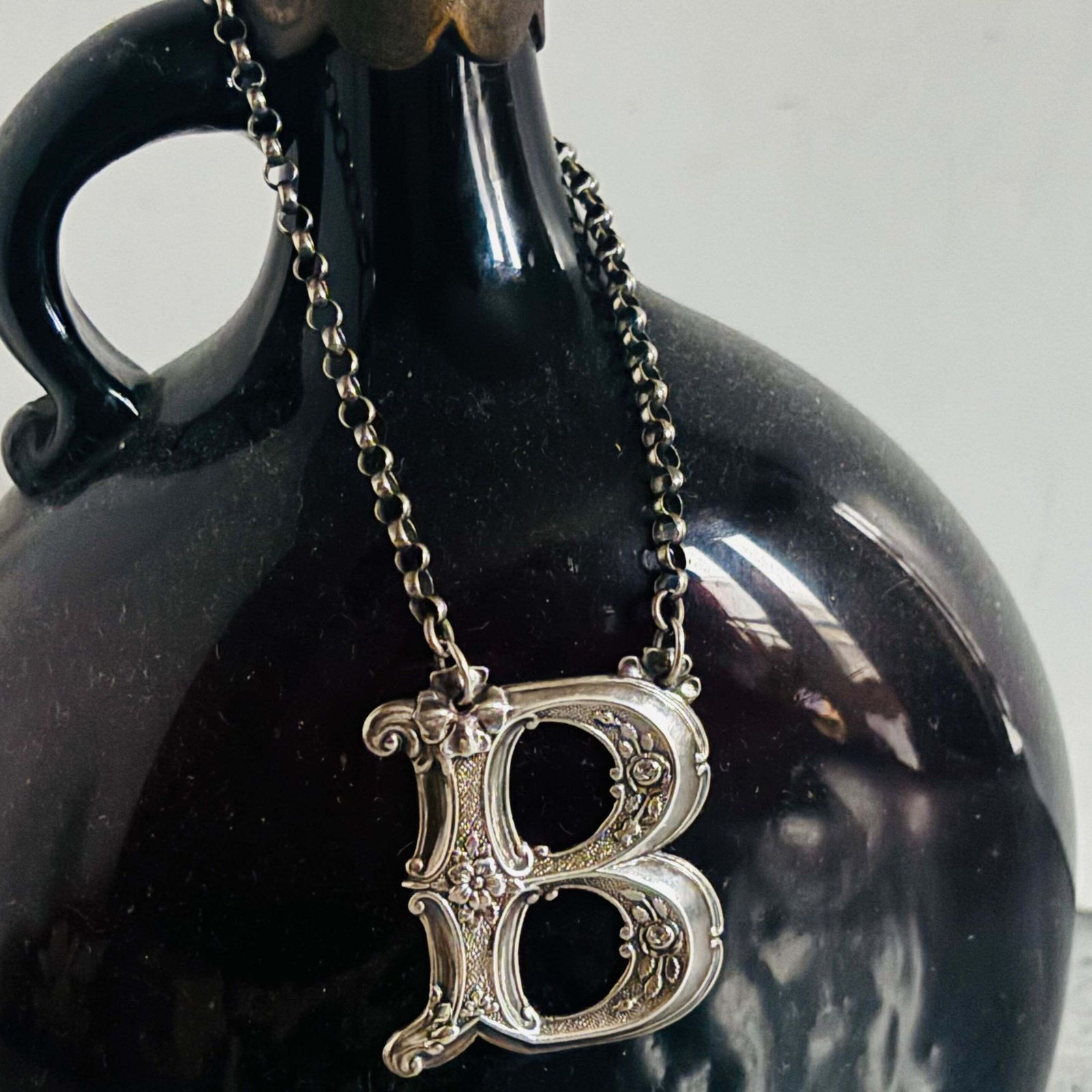 Antique Silver Letter B Brandy Decanter Label photo vintage