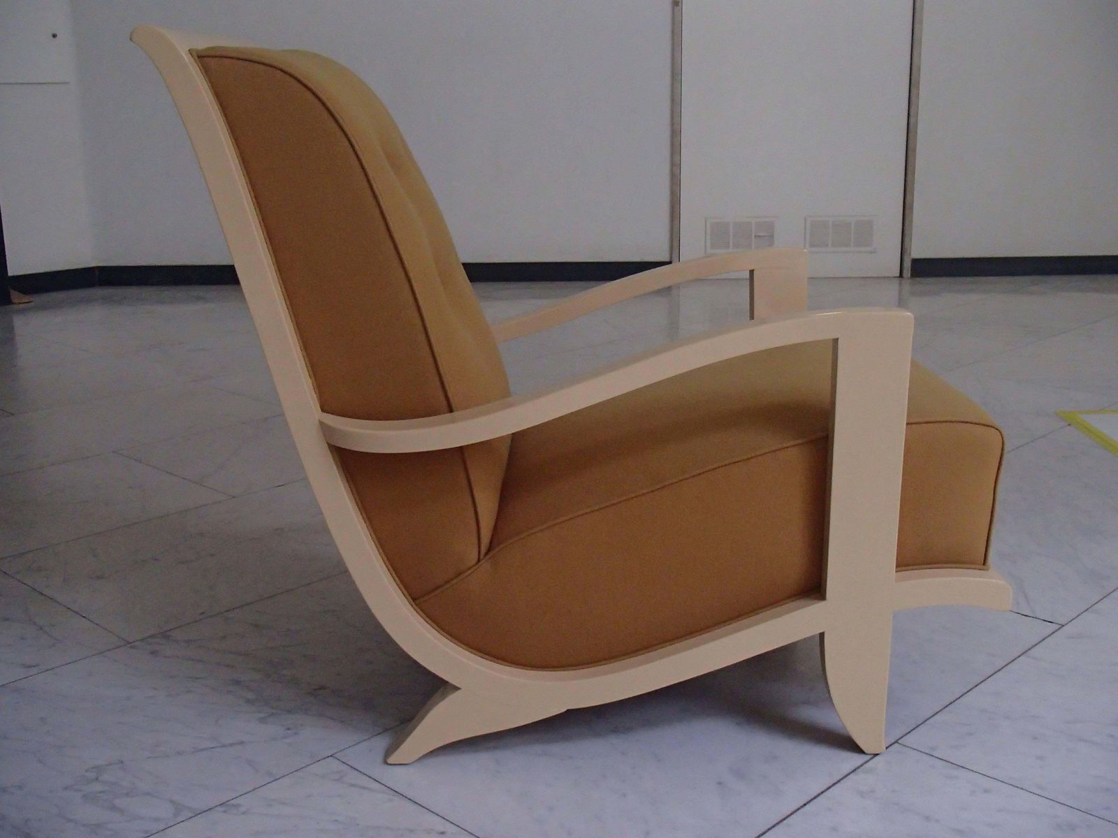 1940s Streamline Lounge Chair Ivory Wood Mustard Wool Tissue photo furniture