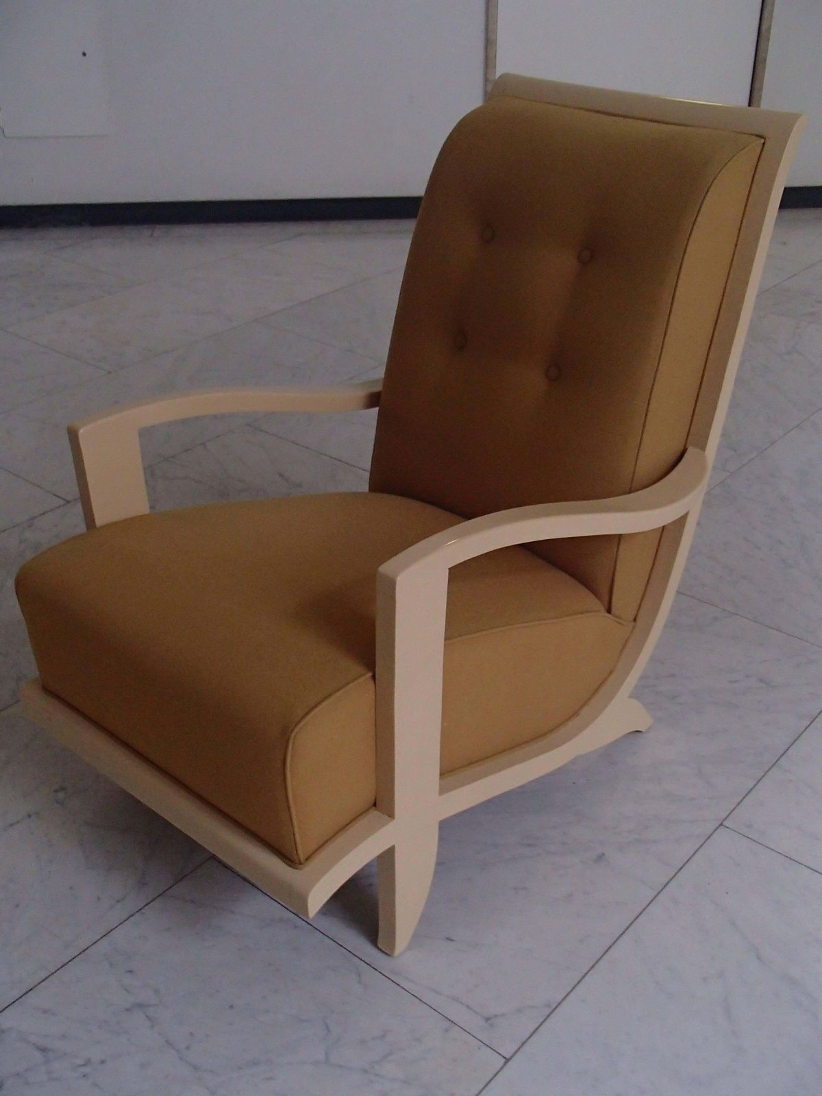1940s Streamline Lounge Chair Ivory Wood Mustard Wool Tissue photo vintage