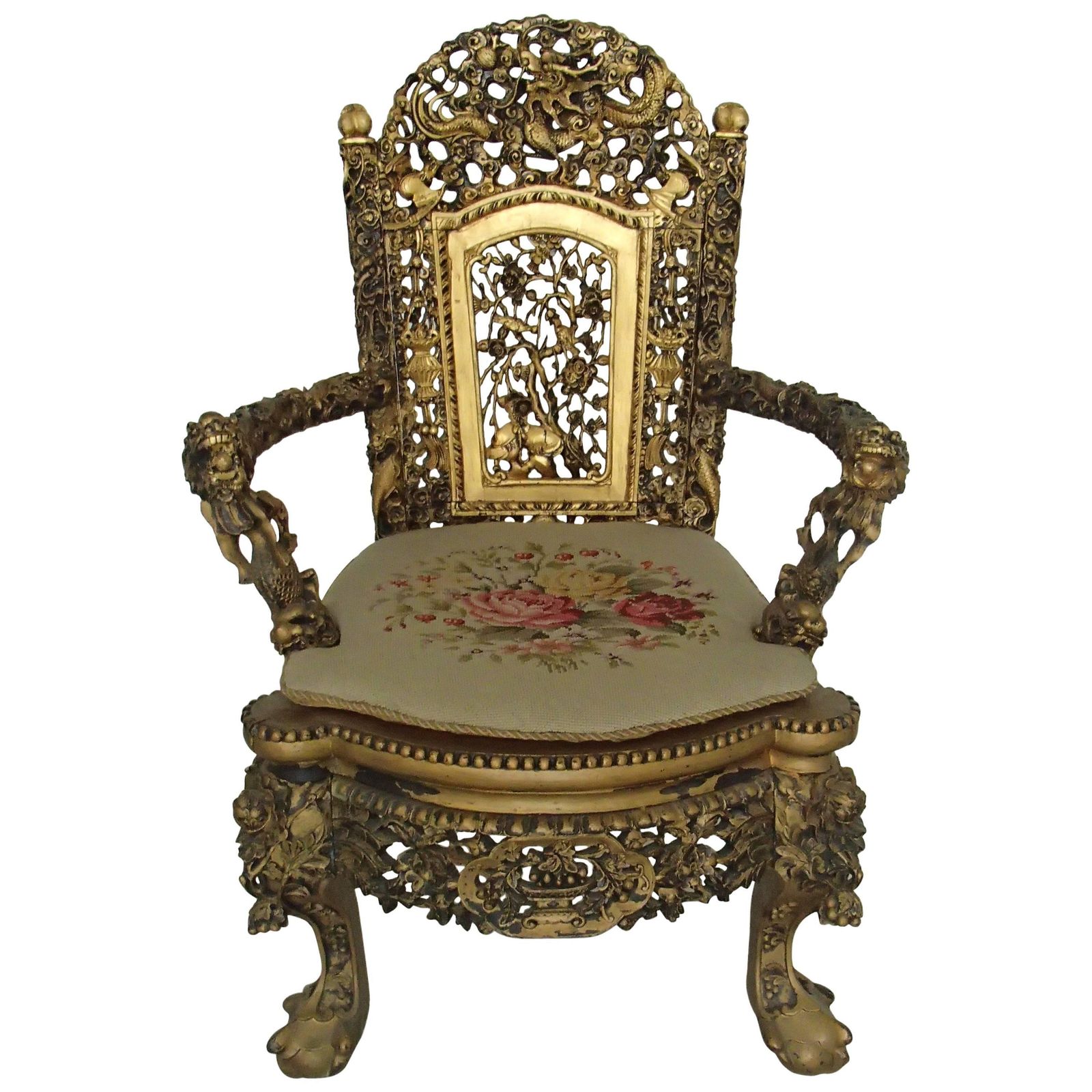 1930 Chinese Armchair Sculpted And Gold Plated With Goblin