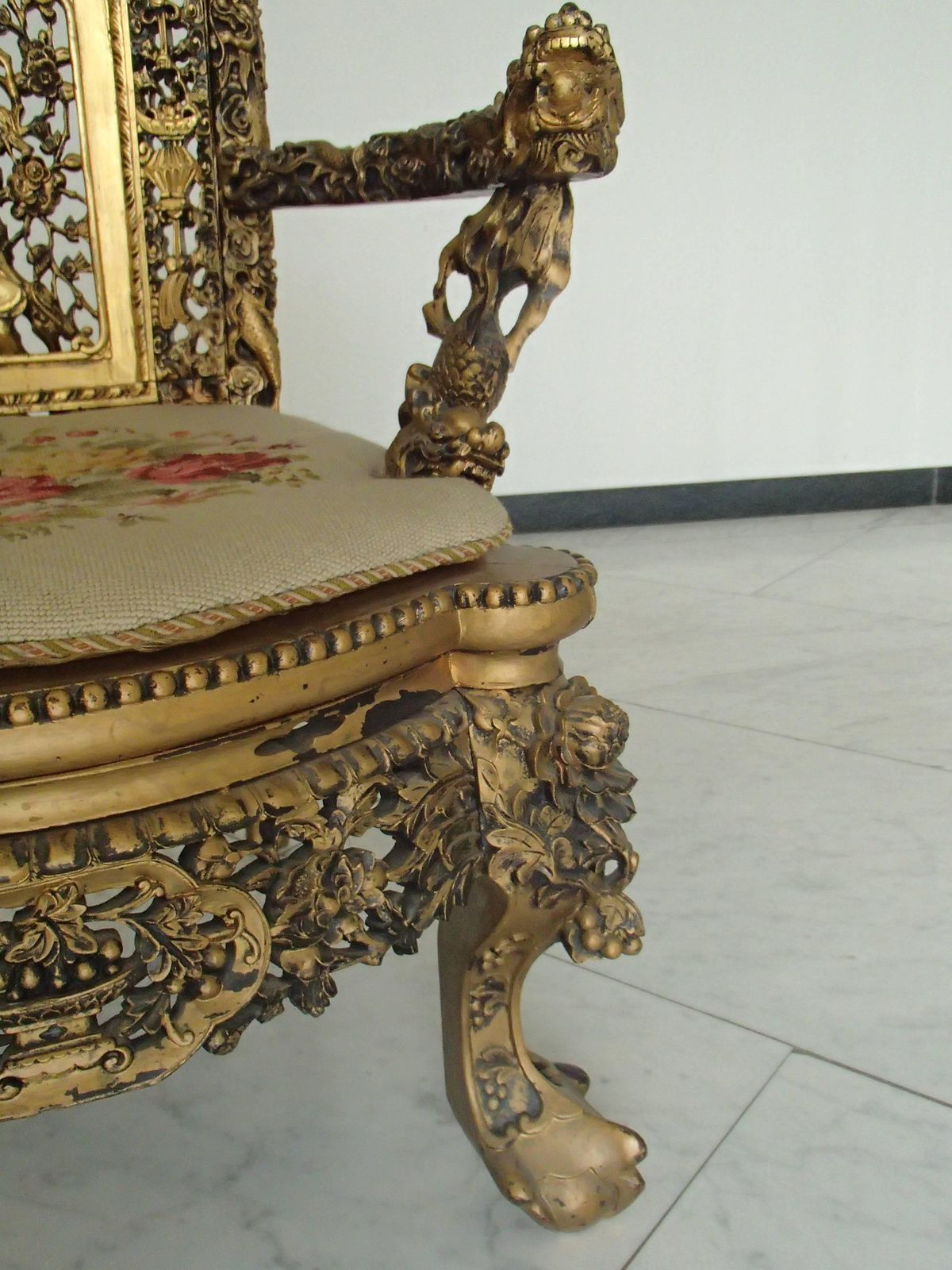 1930 Chinese Armchair Sculpted And Gold Plated With Goblin photo for sale