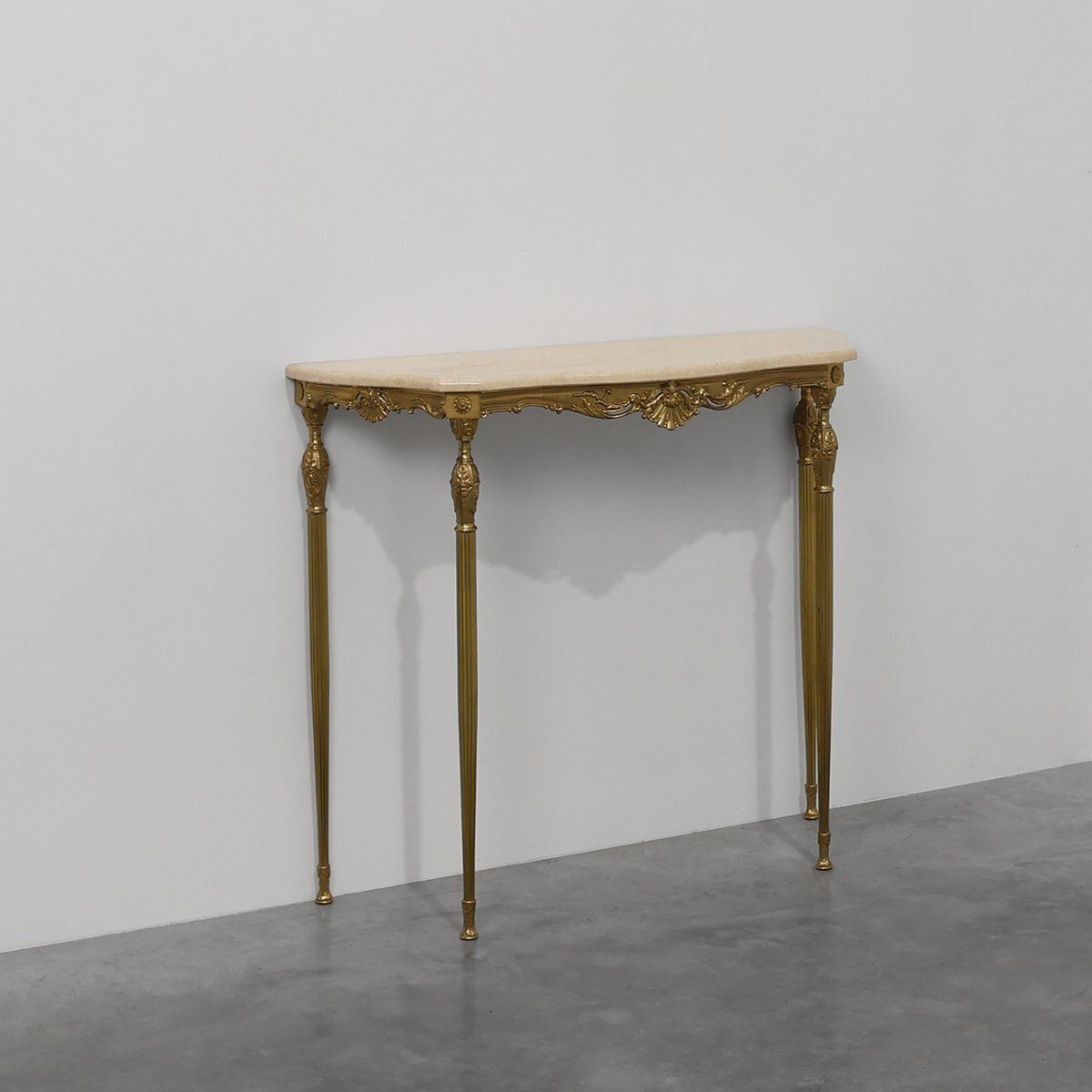 Louis XVI Copper Base And Travertine Top Console Table Italy 1950s