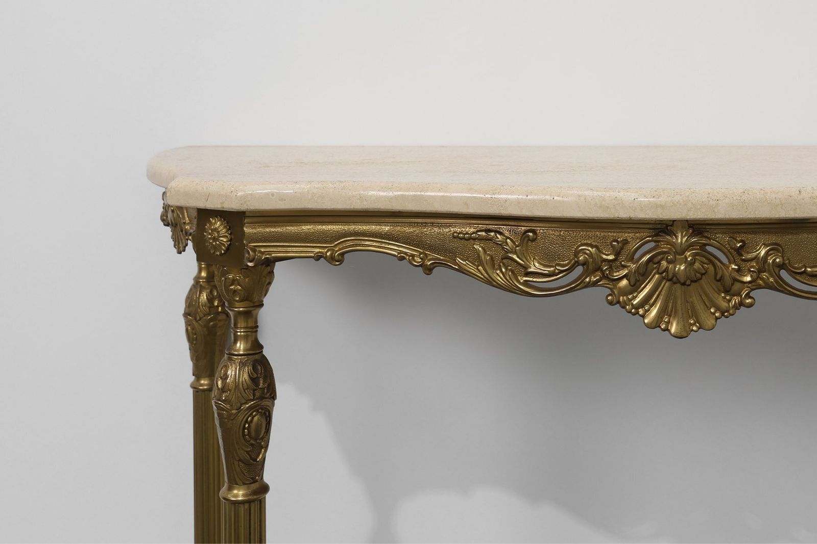 Louis XVI Copper Base And Travertine Top Console Table Italy 1950s photo vinterior
