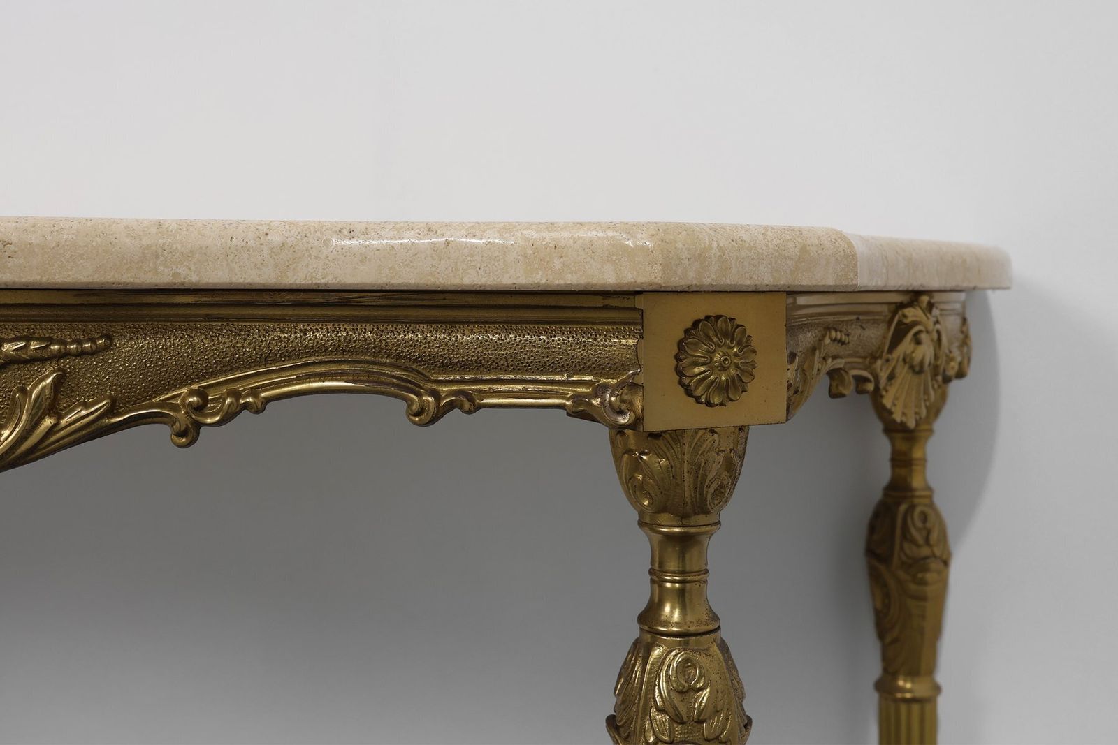 photo for sale Louis XVI Copper Base And Travertine Top Console Table Italy 1950s