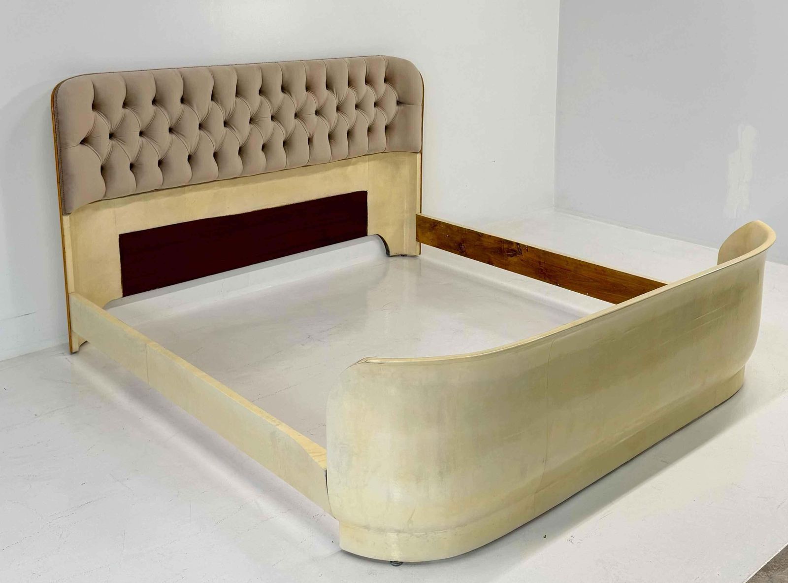 Italian Art Deco Bed Parchment Leather And Velvet 1940s Restored photo for sale