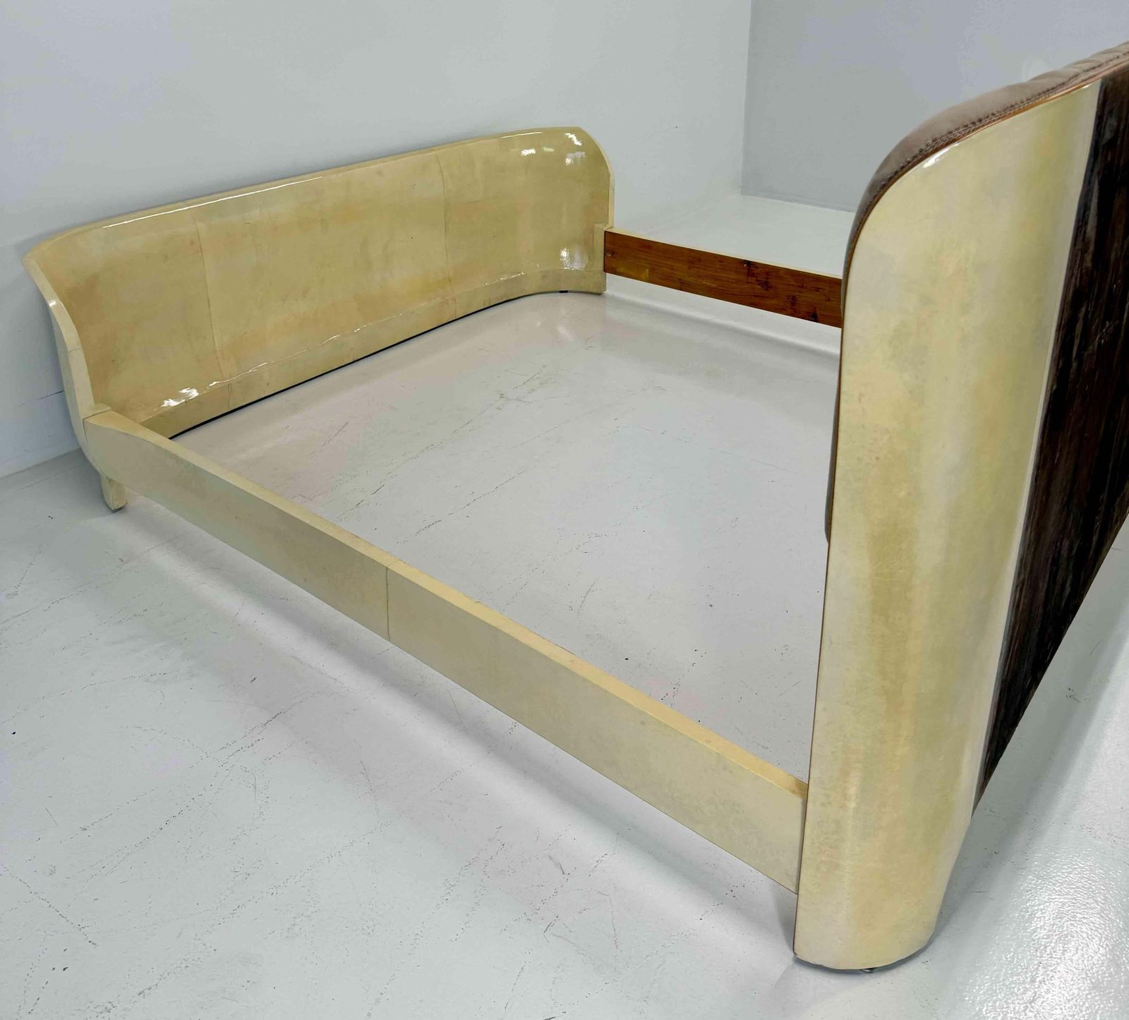photo furniture Italian Art Deco Bed Parchment Leather And Velvet 1940s Restored
