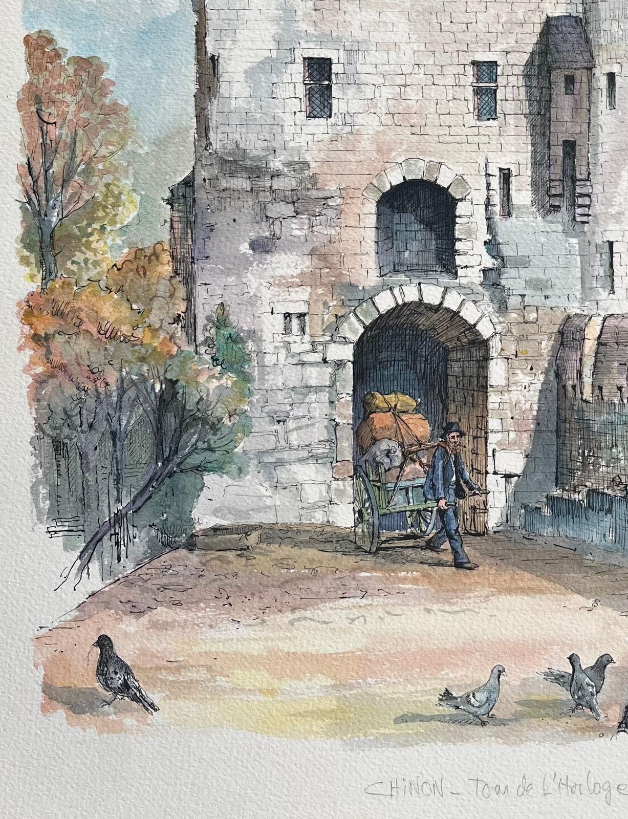 Robert Lepine (1929   2017) French Watercolor Of Chinon: Tour De L'horloge With Cart Figure 20th Century photo Art
