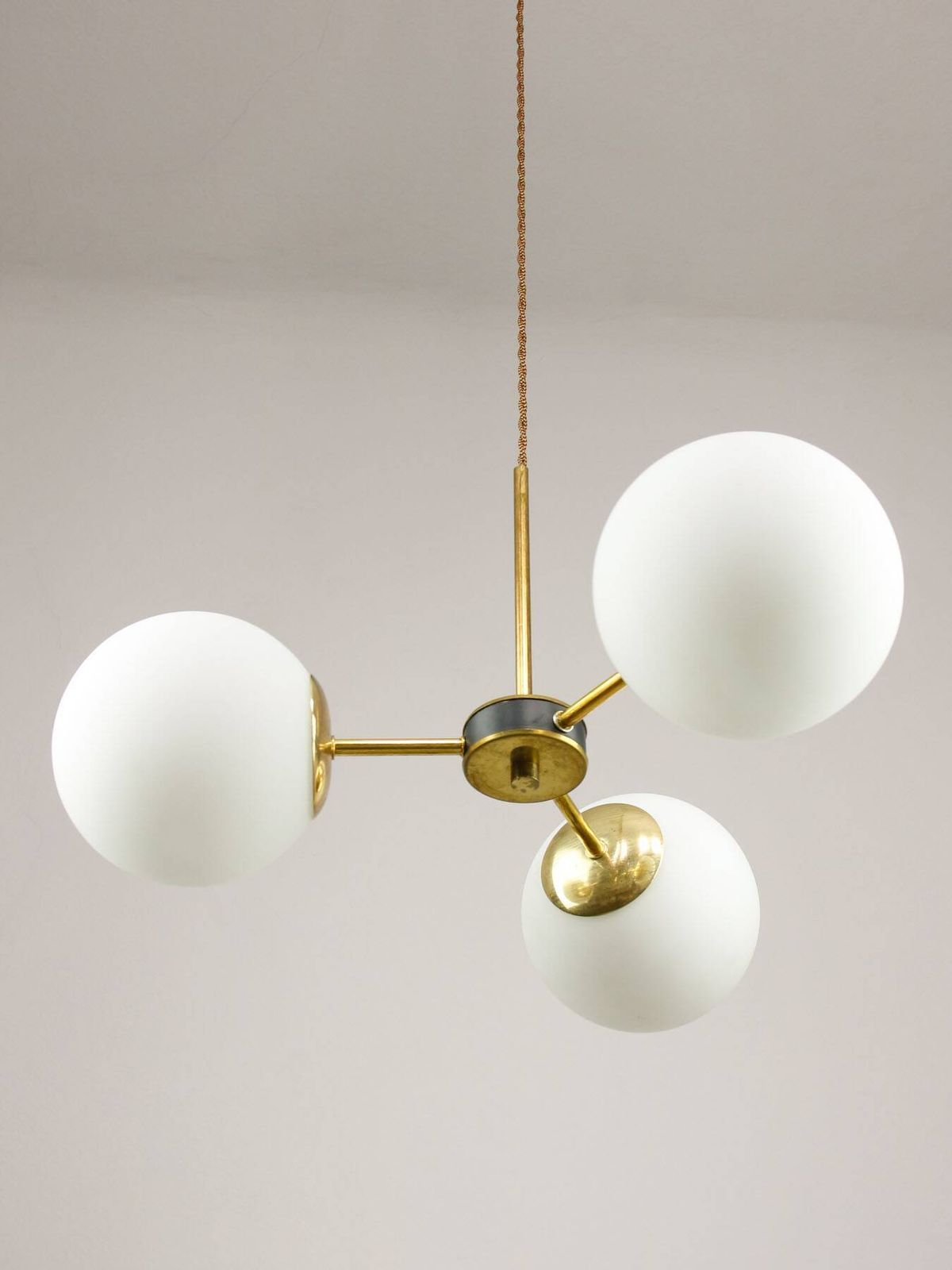 photo for sale Mid Century Modern Italian Chandelier In Brass And Opaline Glass, 1960s