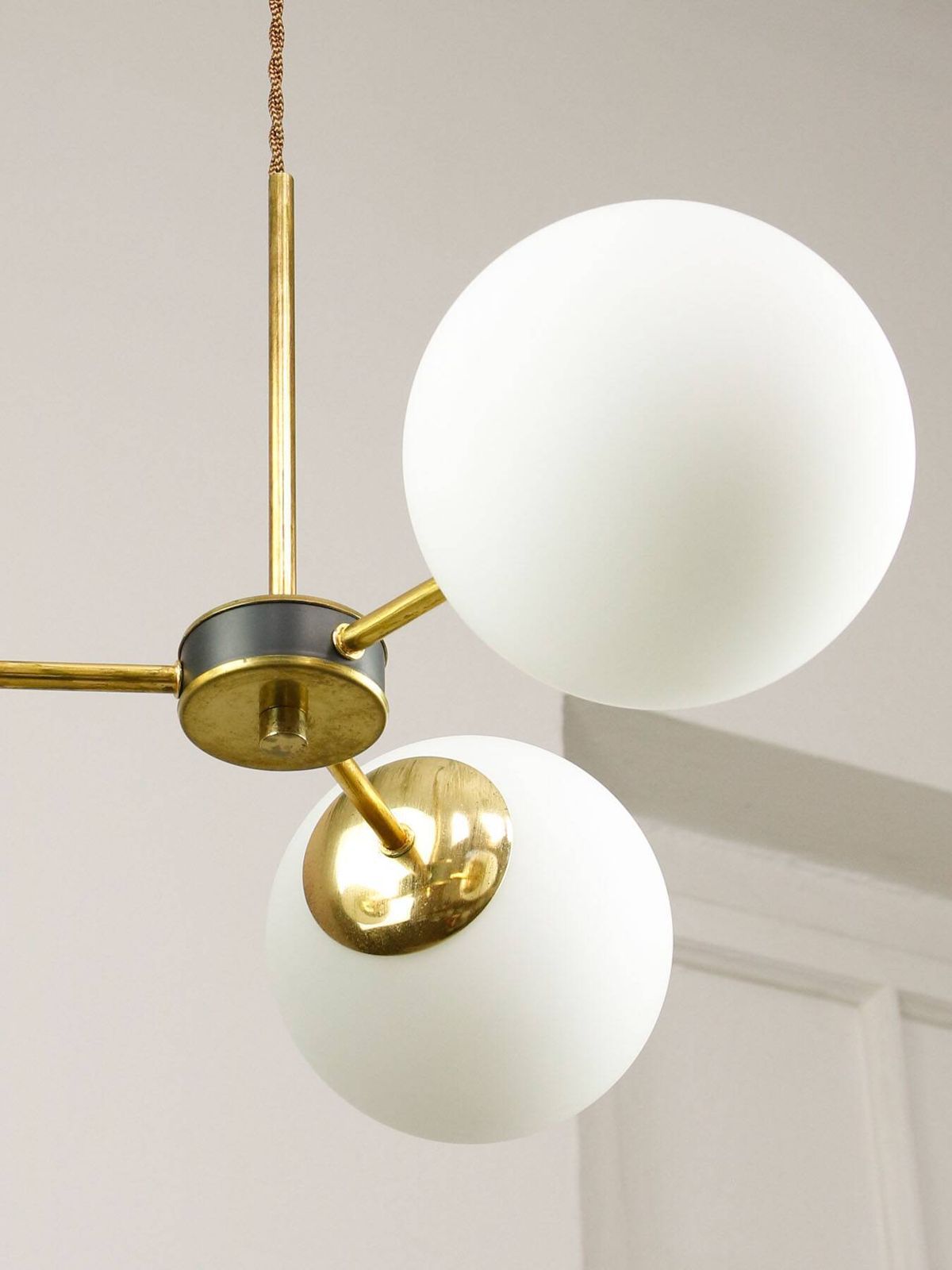 Lighting Mid Century Modern Italian Chandelier In Brass And Opaline Glass, 1960s photo