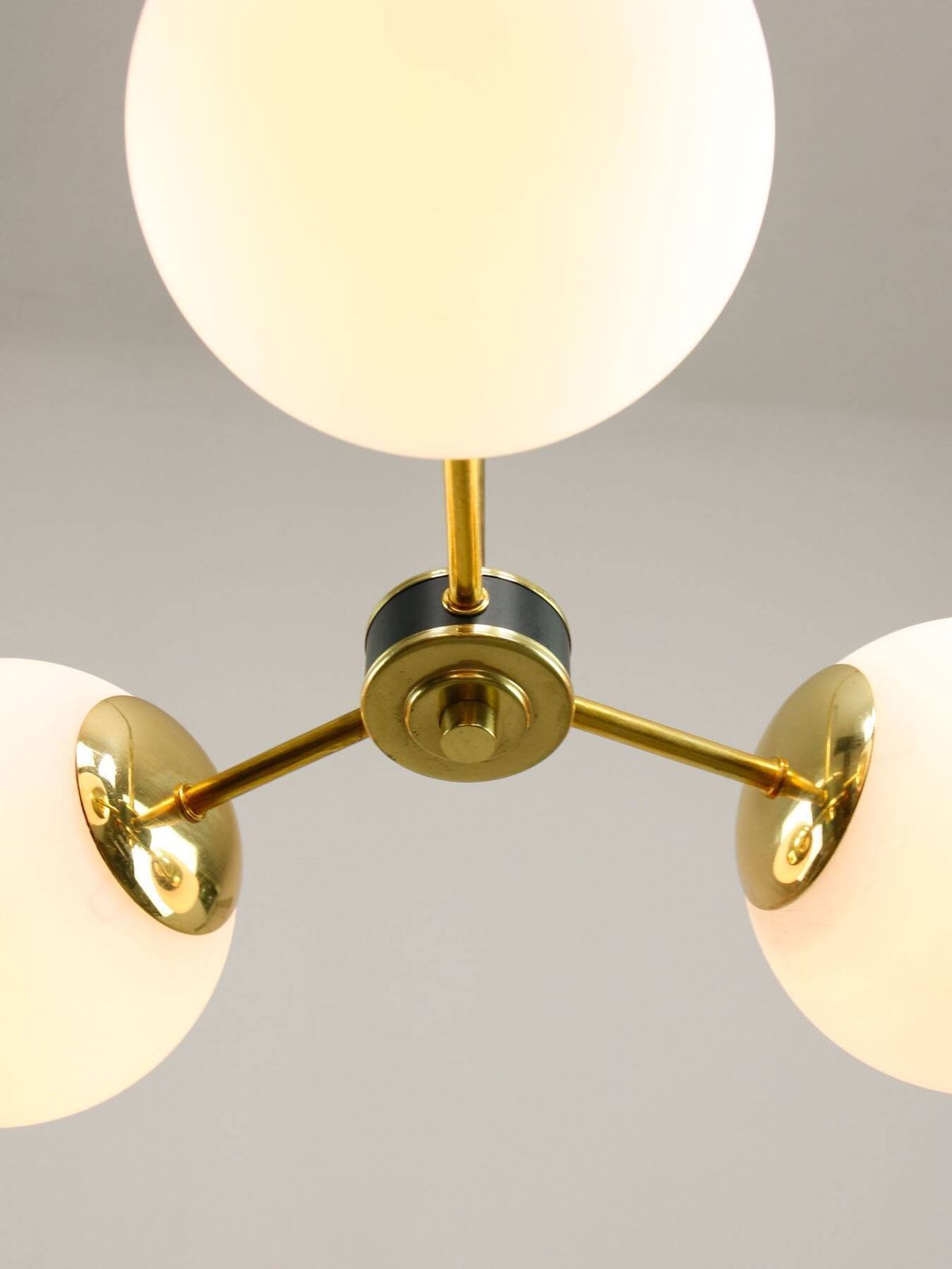 Mid Century Modern Italian Chandelier In Brass And Opaline Glass, 1960s photo vinterior