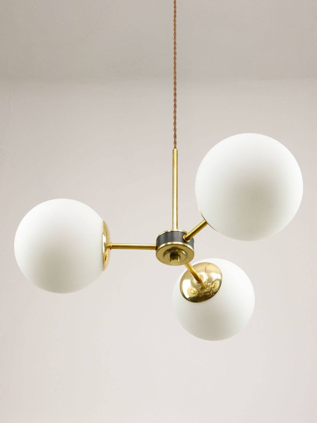 photo buy Mid Century Modern Italian Chandelier In Brass And Opaline Glass, 1960s