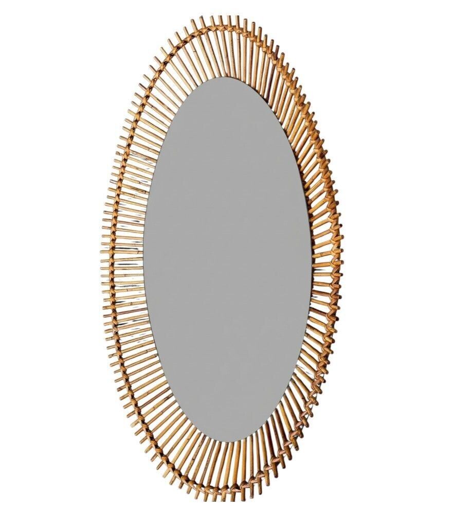 A Large 1960s Bonacina Italian Oval Pencil Reed Bamboo Mirror With Brass Detail photo for sale