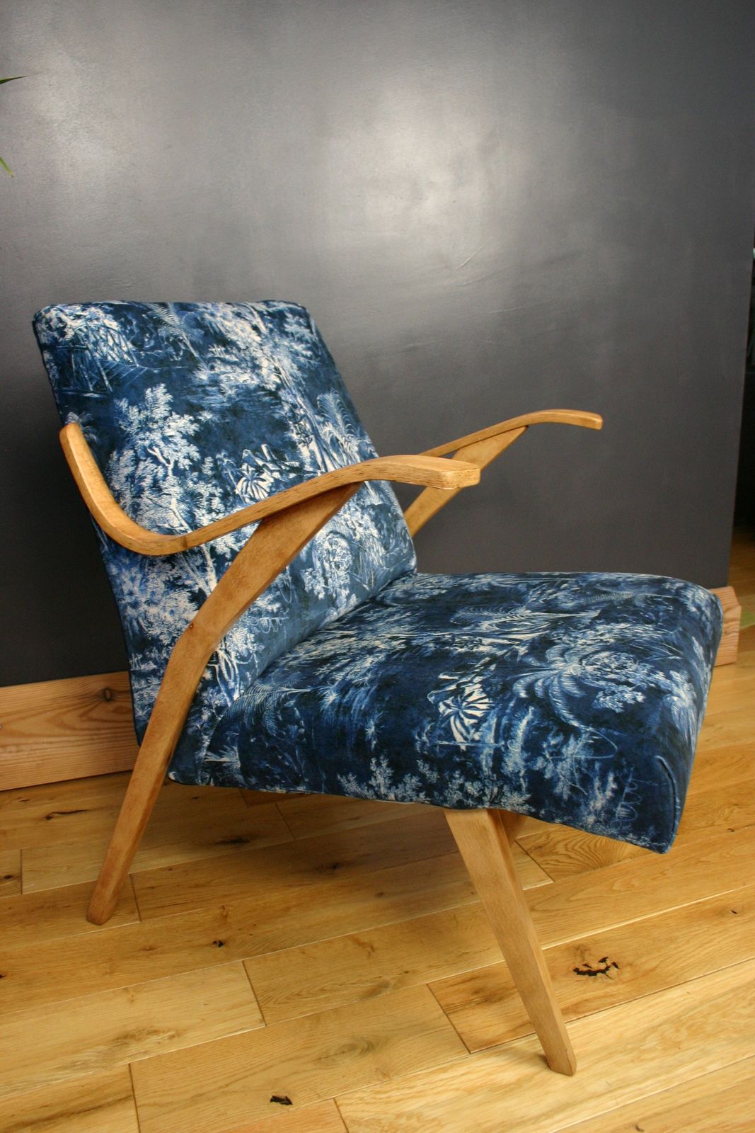 Mid Century Armchair Reupholstered In Linwood Velvet   Sculptural Oak Frame   1950s Modern Design