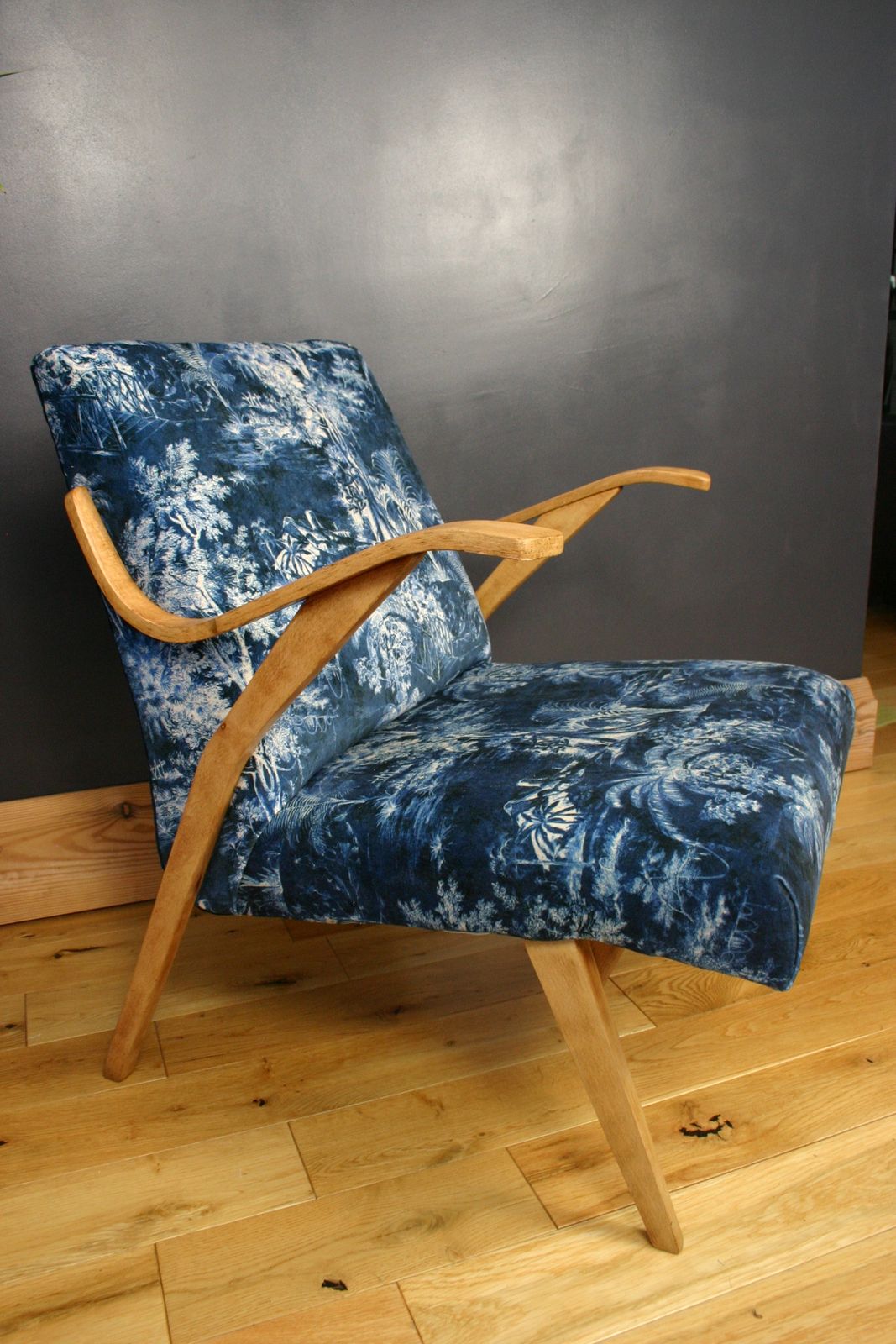 Mid Century Armchair Reupholstered In Linwood Velvet   Sculptural Oak Frame   1950s Modern Design photo 750.0