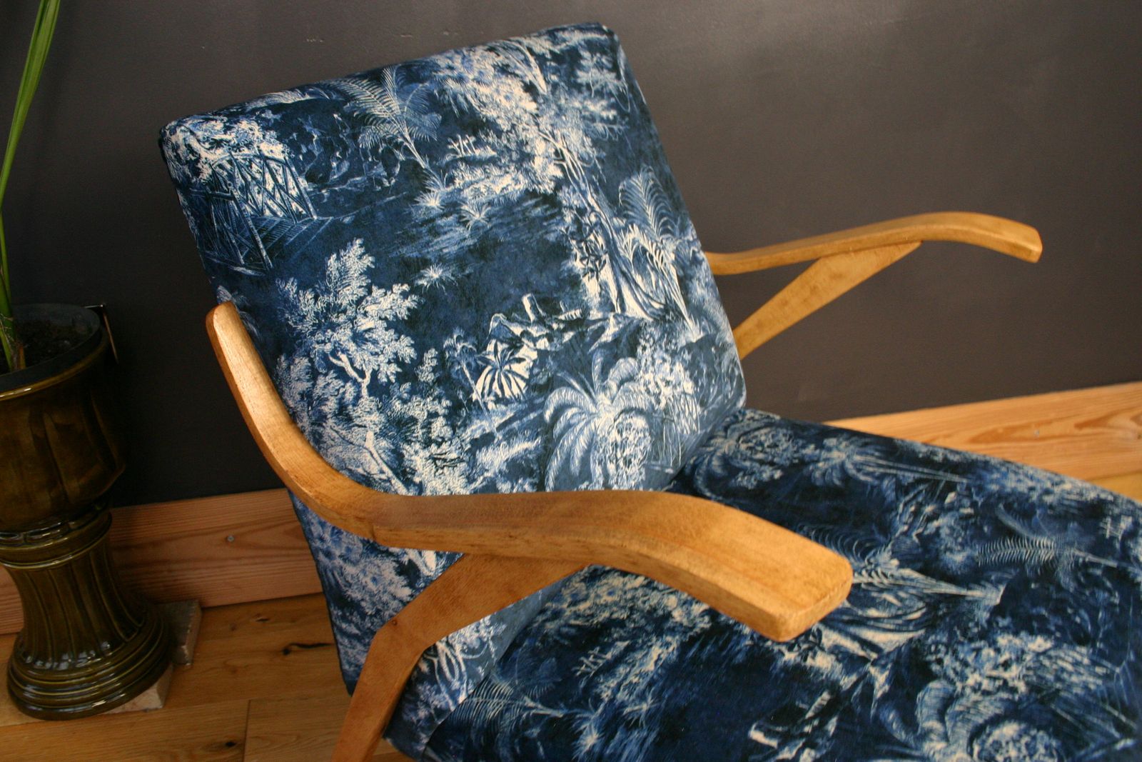Mid Century Armchair Reupholstered In Linwood Velvet   Sculptural Oak Frame   1950s Modern Design photo buy