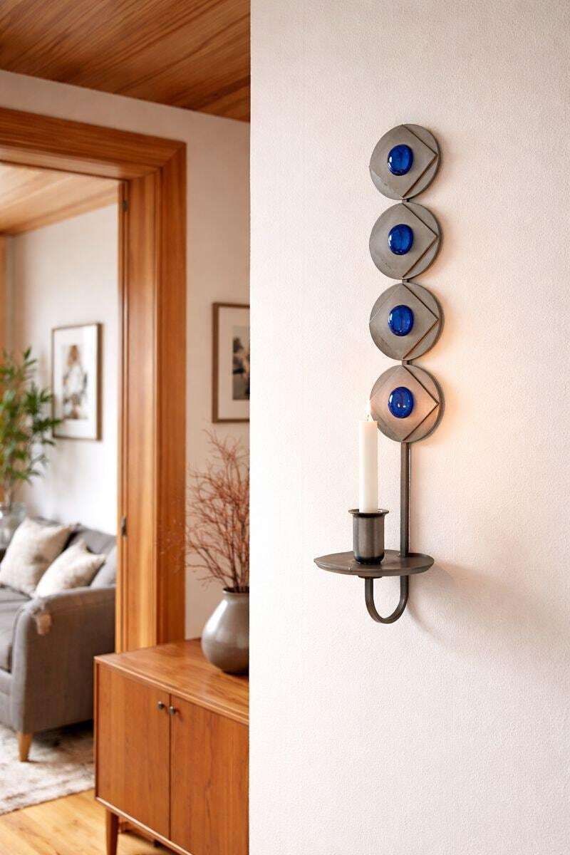 Wall Hanging Rare Scandinavian Brutalist / Industrial Wall Candle Holder With Blue Glass Cabochons – Sweden C.1960 photo 250.0