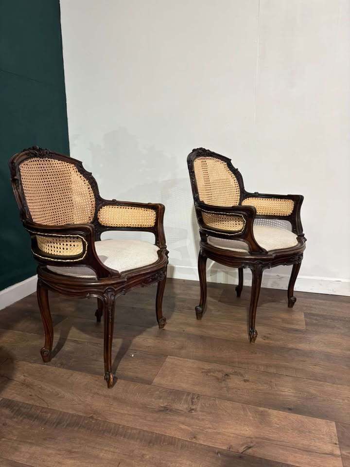 Pair Of French Louis XV Style Walnut Bergere Elbow Chairs photo for sale