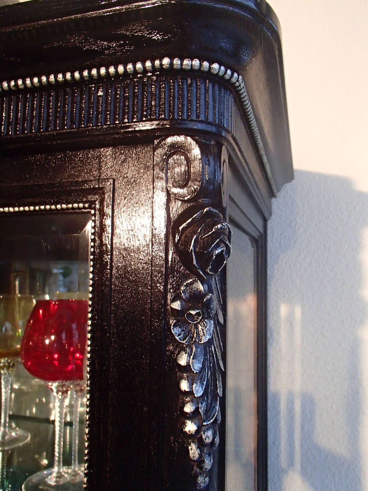 1880s Black Oak Cabinet With Carved Ornaments Original Silver Chrome Mirror photo Furniture