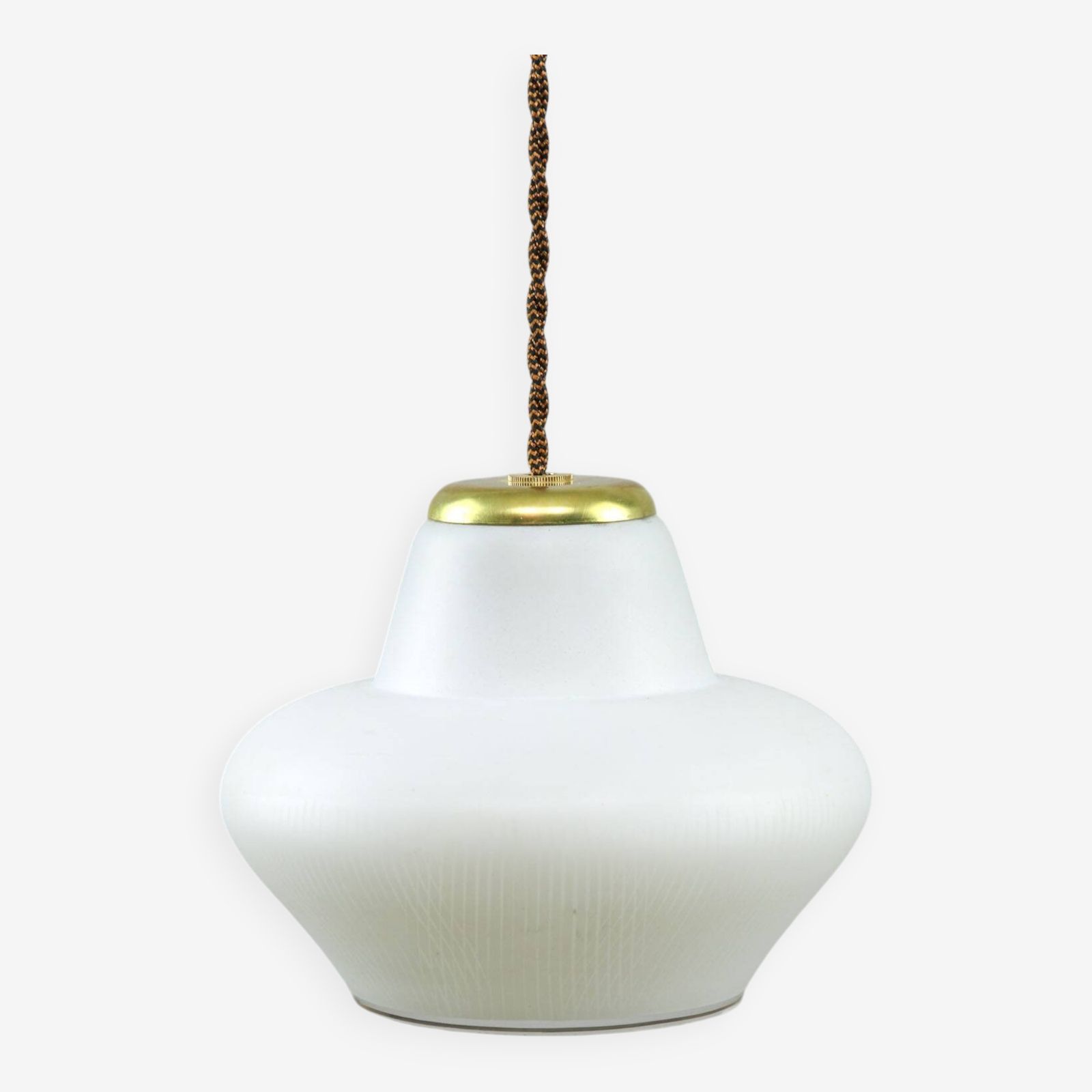 Small Italian Mid Century Pendant Lamp In Brass And Opaline Glass