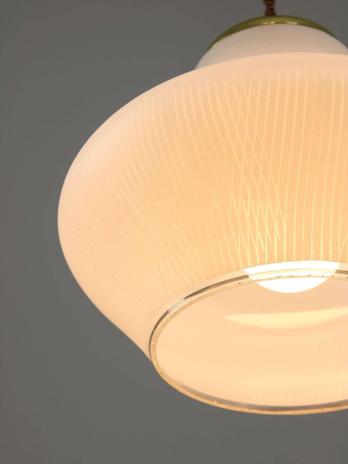 photo for sale Small Italian Mid Century Pendant Lamp In Brass And Opaline Glass