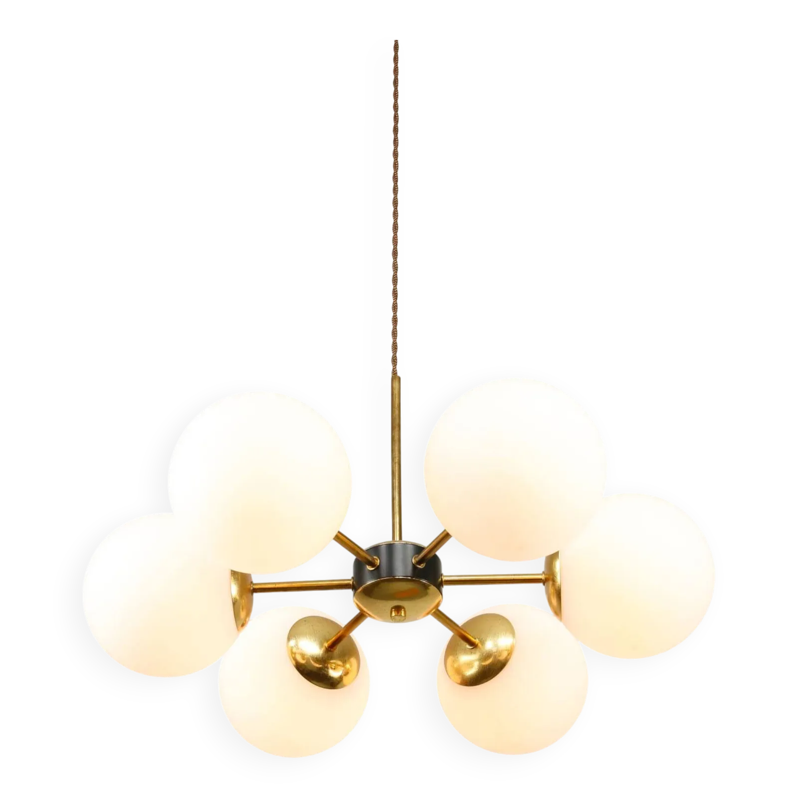 Sputnik 6 Arm Chandelier In Mid Century Modern Italian Style With Opaline Shades, 19
