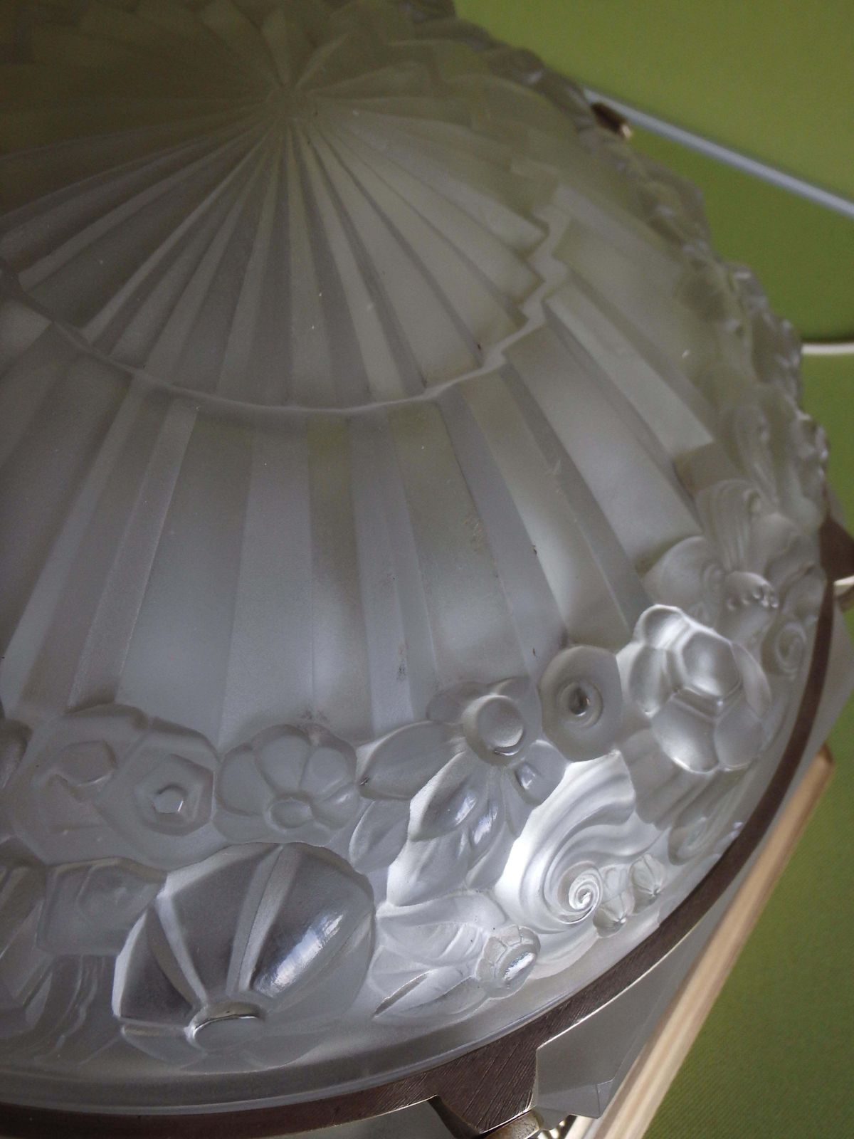 photo for sale Paire Art Deco Large Ceiling Lamp Geometrical Flower Glass And Brass Verlys