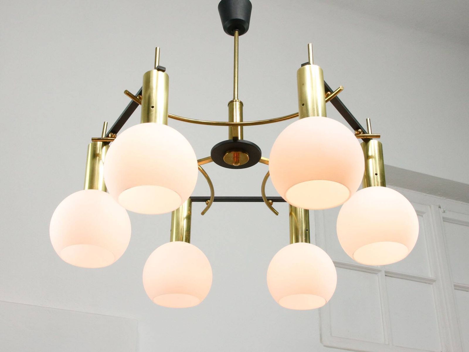 Mid Century Modern Italian Brass And Opaline Chandelier photo furniture