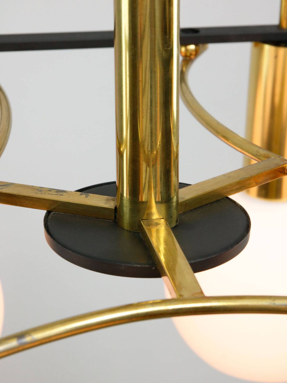 754.0 Mid Century Modern Italian Brass And Opaline Chandelier photo