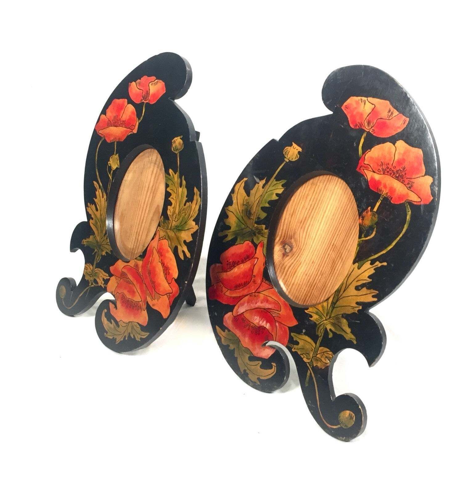 Antique Pair Of Matching Wooden Hand Painted Photo Frames / Poppy Design C1900 photo furniture