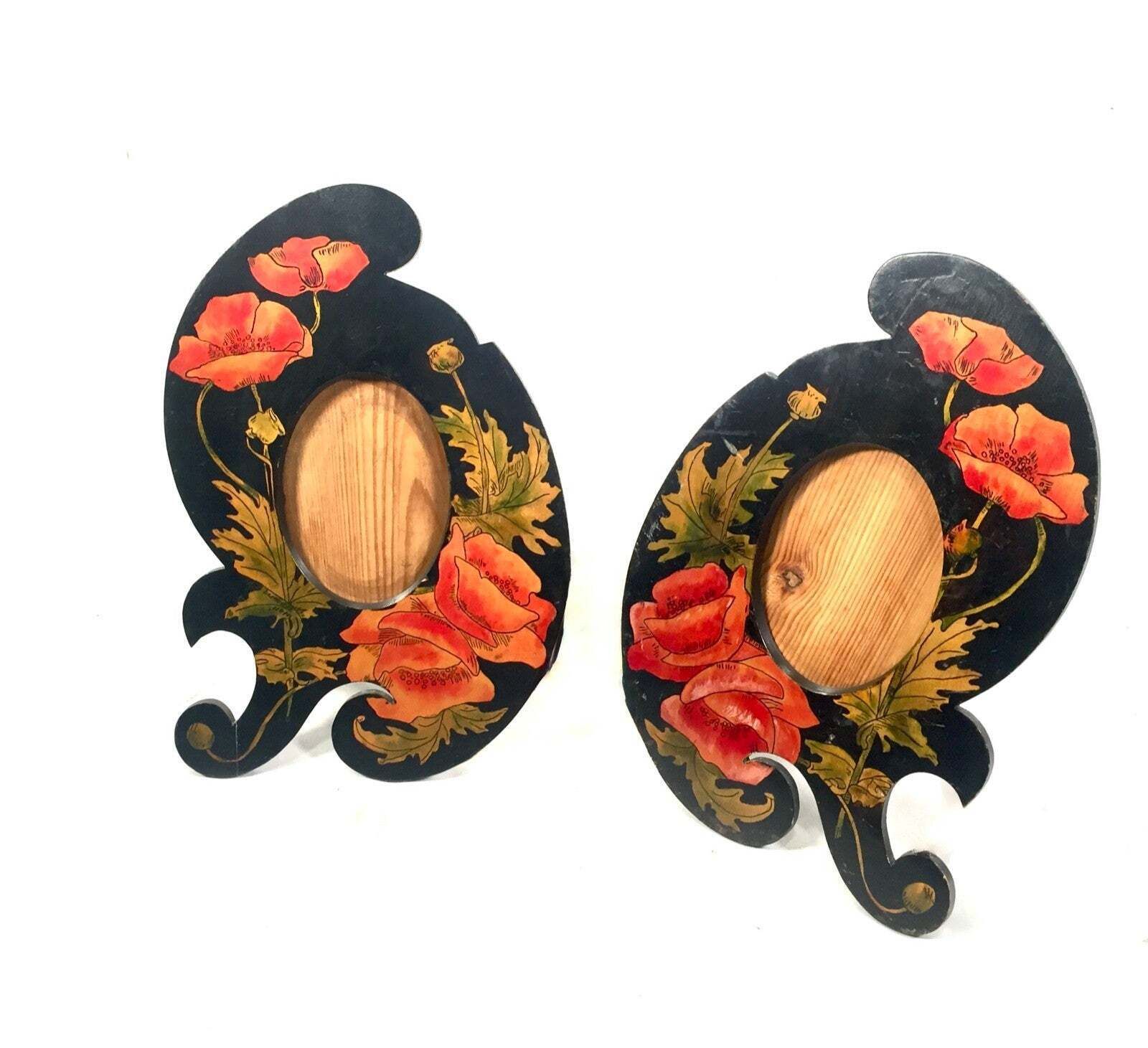 Antique Pair Of Matching Wooden Hand Painted Photo Frames / Poppy Design C1900 photo for sale