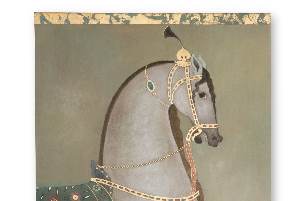 Painted Canvas Depicting An Indian Horse In Profile. Contemporary Work. photo furniture