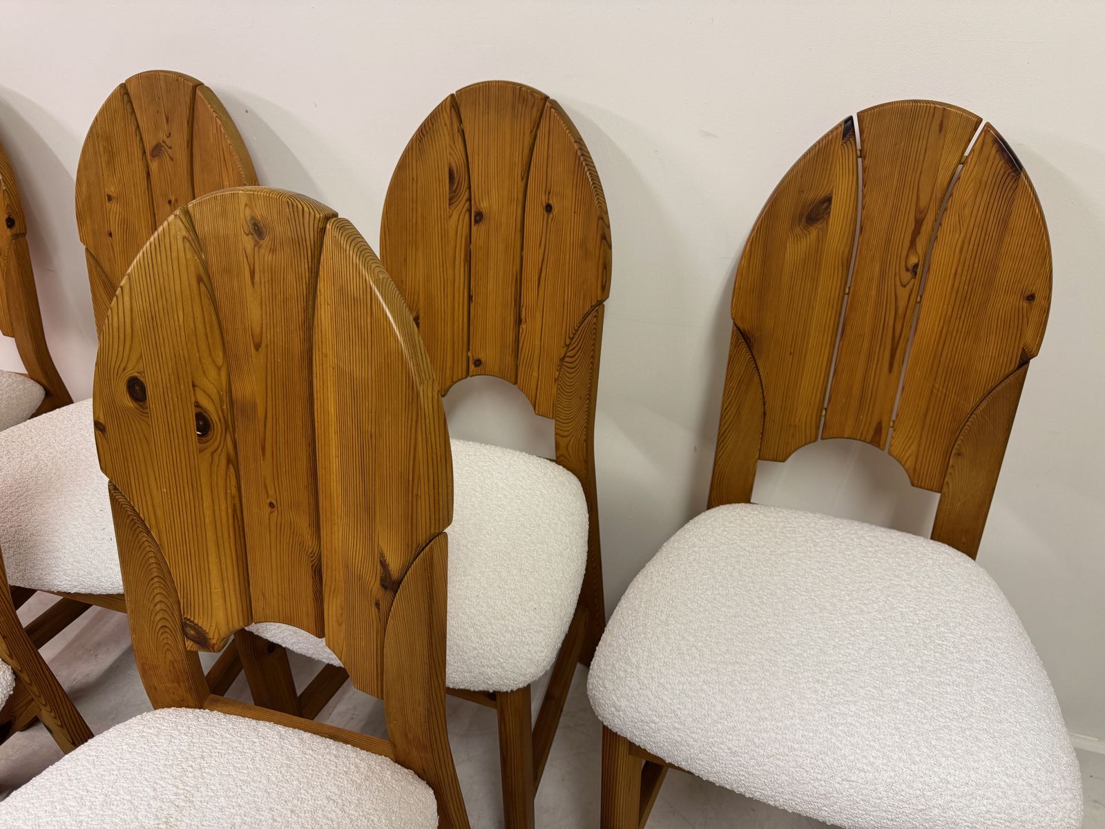 Set Of Six Pine And Boucle Scandianavian Dining Chairs photo for sale