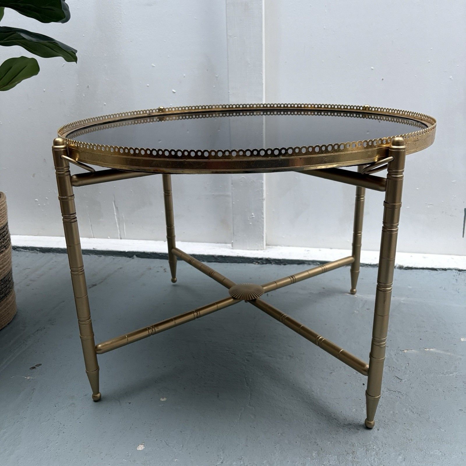 French Neoclassical Maison Jensen Gilded Brass Galleried Black Glass Side Table photo furniture