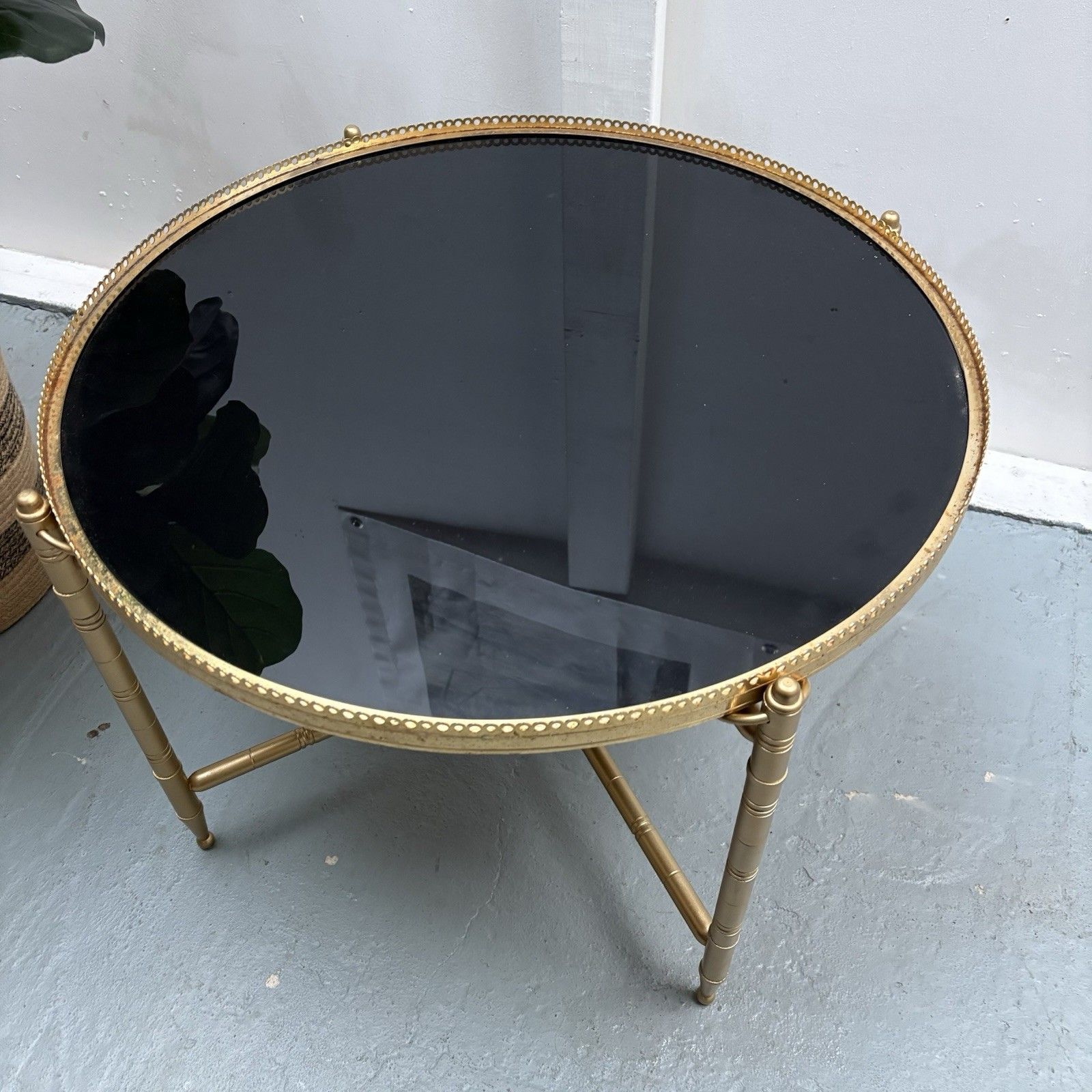 325.0 French Neoclassical Maison Jensen Gilded Brass Galleried Black Glass Side Table photo