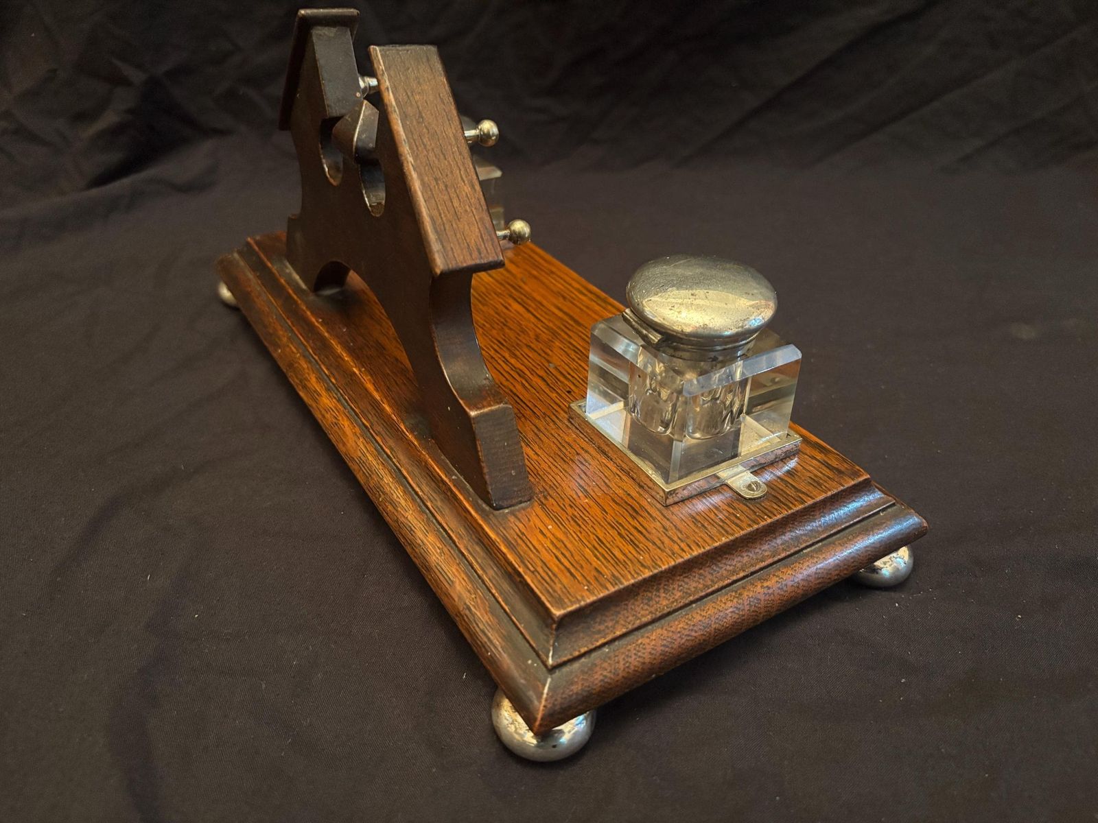 Antique Victorian Oak And Silver Plate Mounted Desk Stand Inkstand Inkwells photo buy