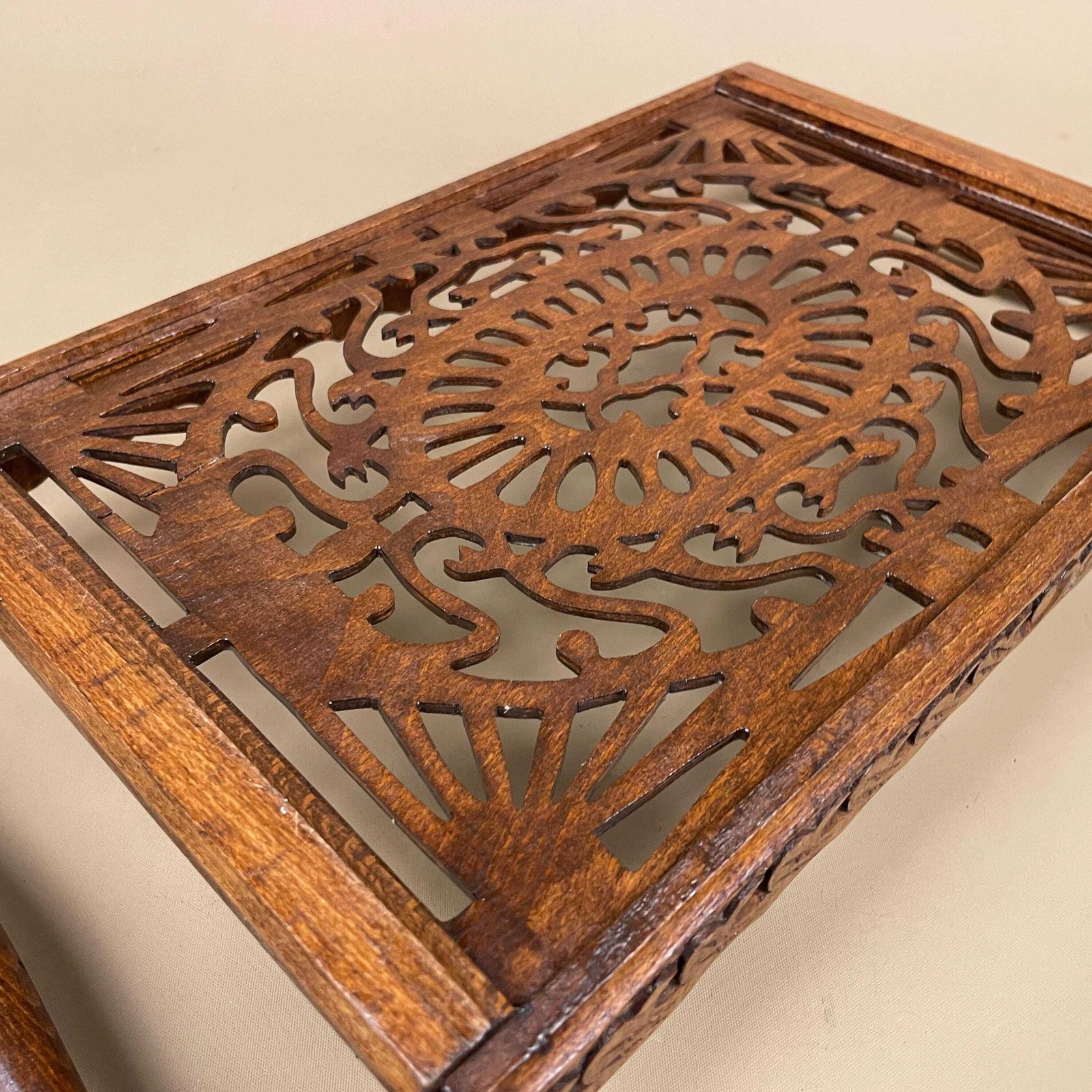 photo furniture Antique Wooden Tray Rectangle Wood Hand Carved Handmade Carving Detail Handles Ornate Original Pattern Patterned Cut Out Sleigh Brown