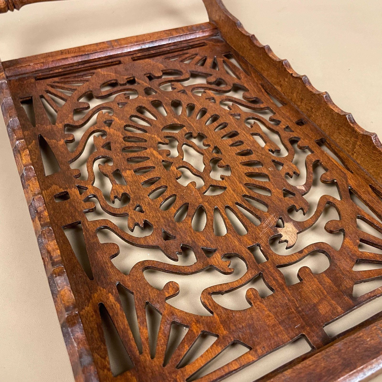 photo for sale Antique Wooden Tray Rectangle Wood Hand Carved Handmade Carving Detail Handles Ornate Original Pattern Patterned Cut Out Sleigh Brown