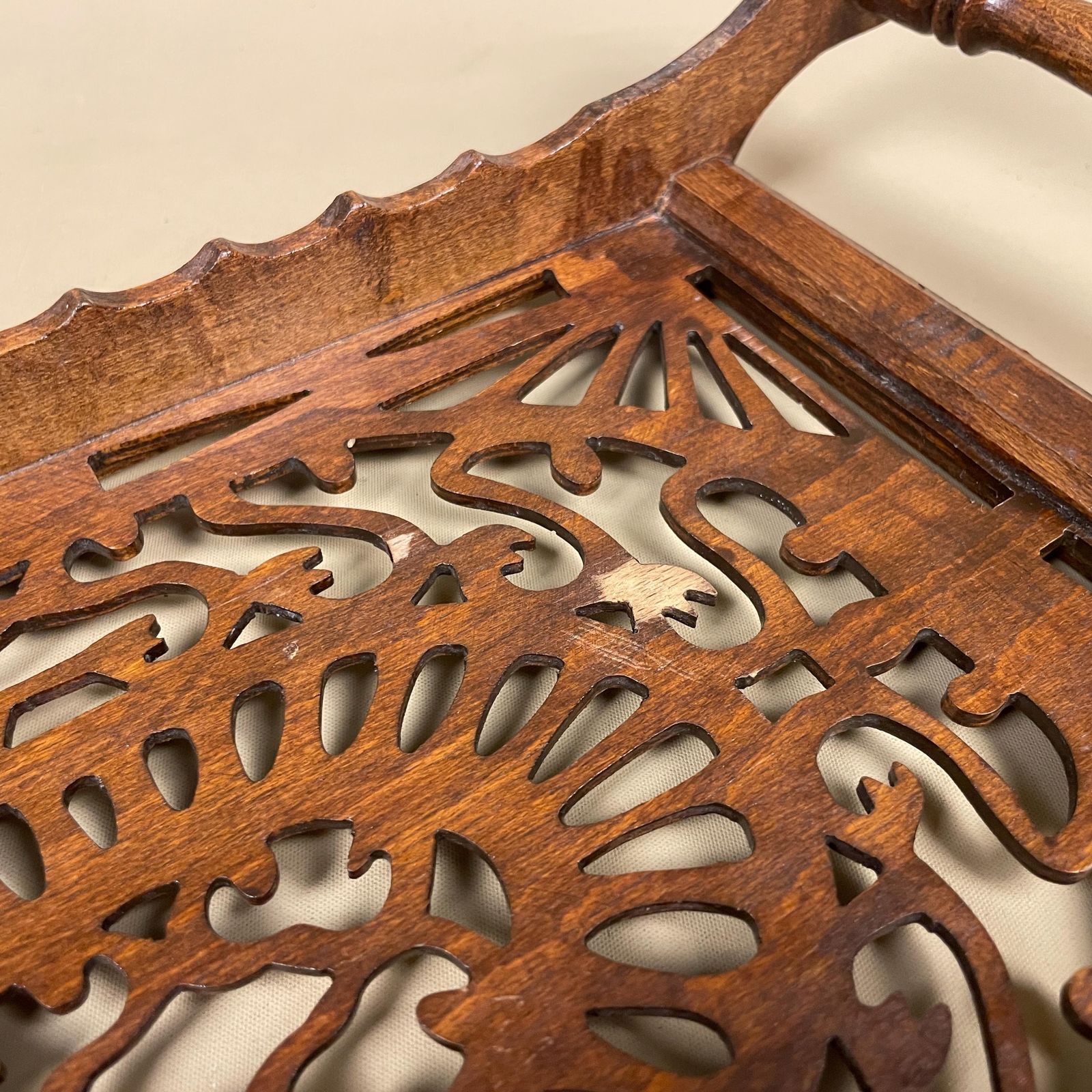 Home Decor Antique Wooden Tray Rectangle Wood Hand Carved Handmade Carving Detail Handles Ornate Original Pattern Patterned Cut Out Sleigh Brown photo