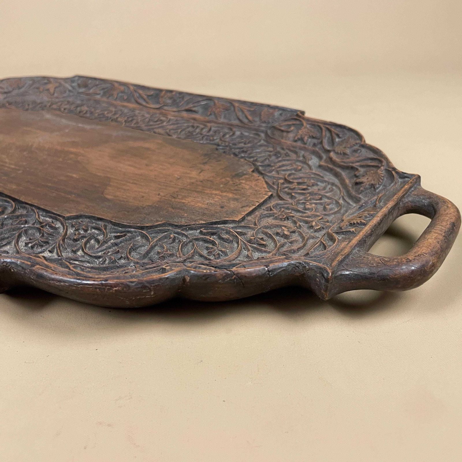 Antique Hand Carved Wooden Tray Floral Leaves Patterned Detail Ornate Oval Wood Original Pattern C.Early 1900's Handles Display Drinks photo vintage