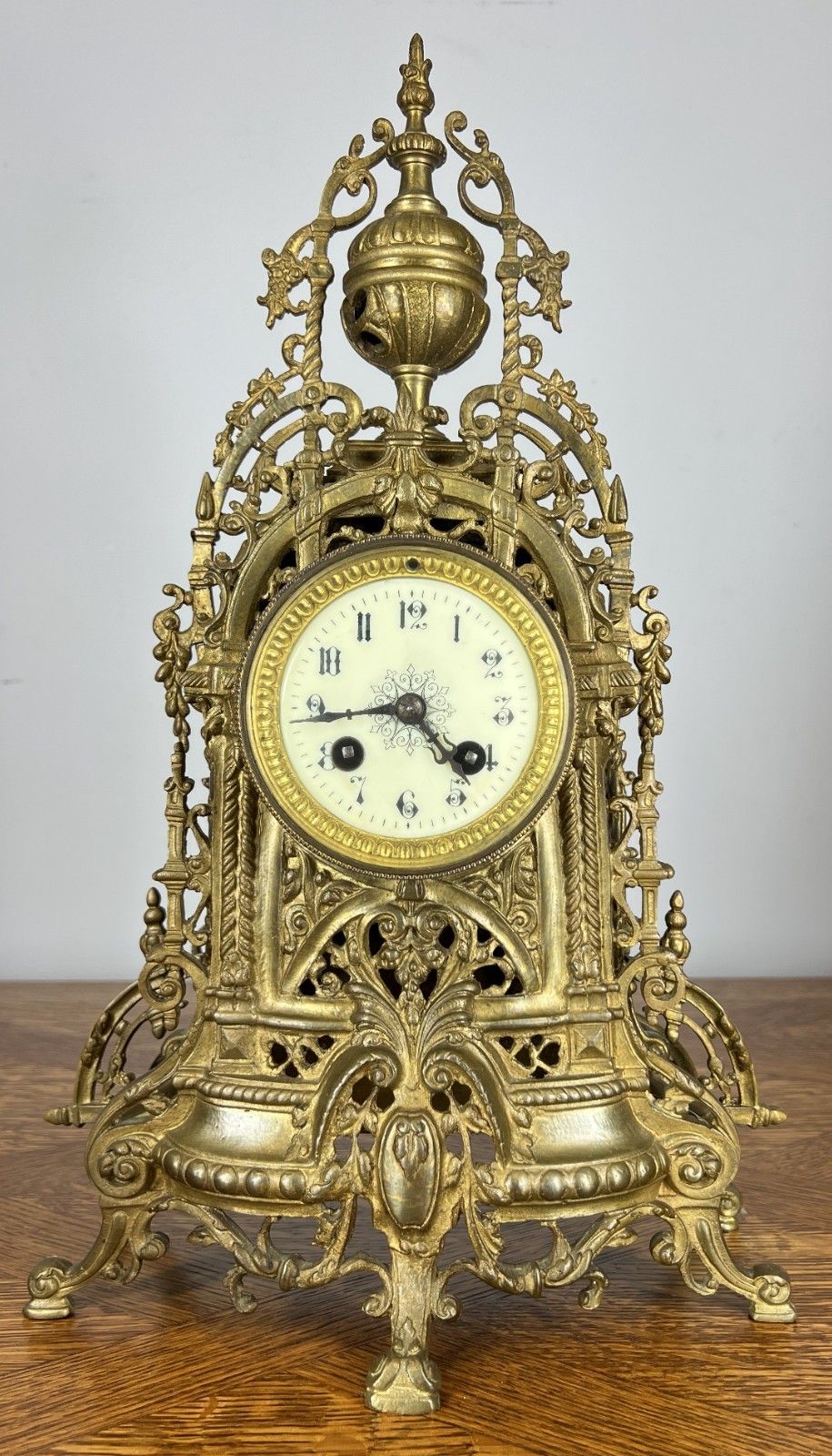 Mantel Clock Vintage French Style Architectural Brass Garniture Set Lot 4645 photo for sale