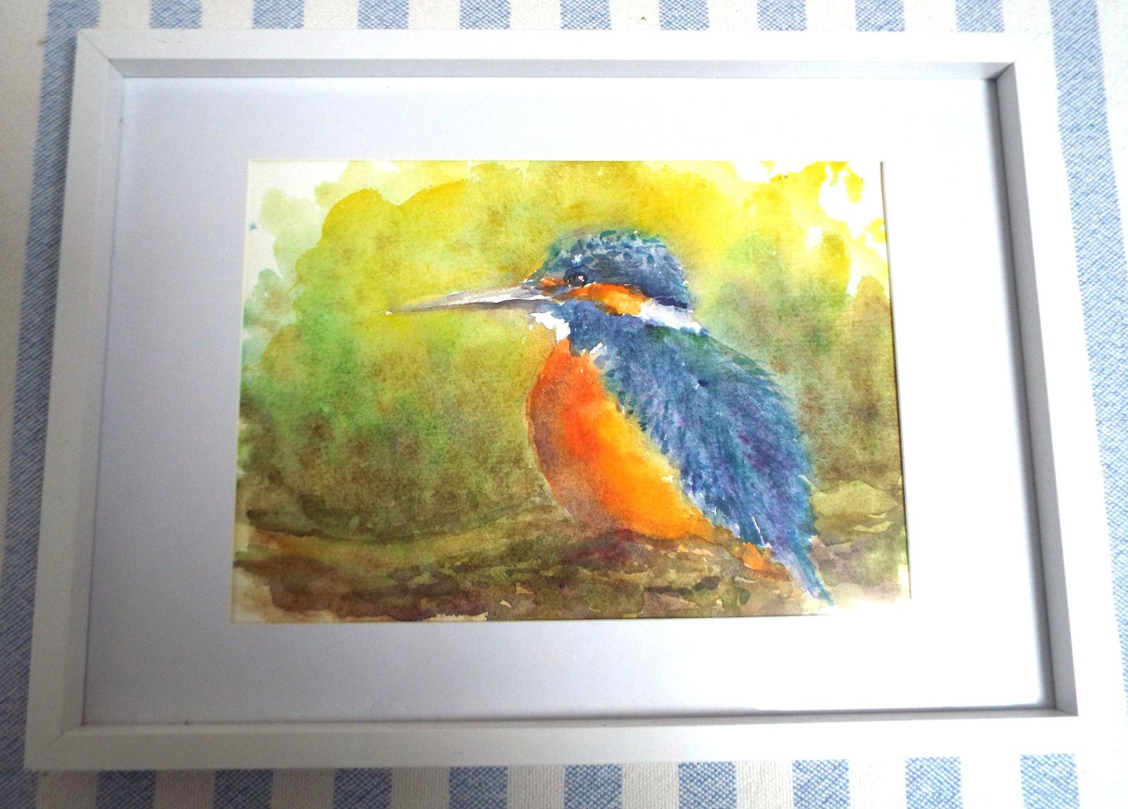 New Framed Original Watercolour Wildlife Painting Kingfisher Signed Andi J Lucas