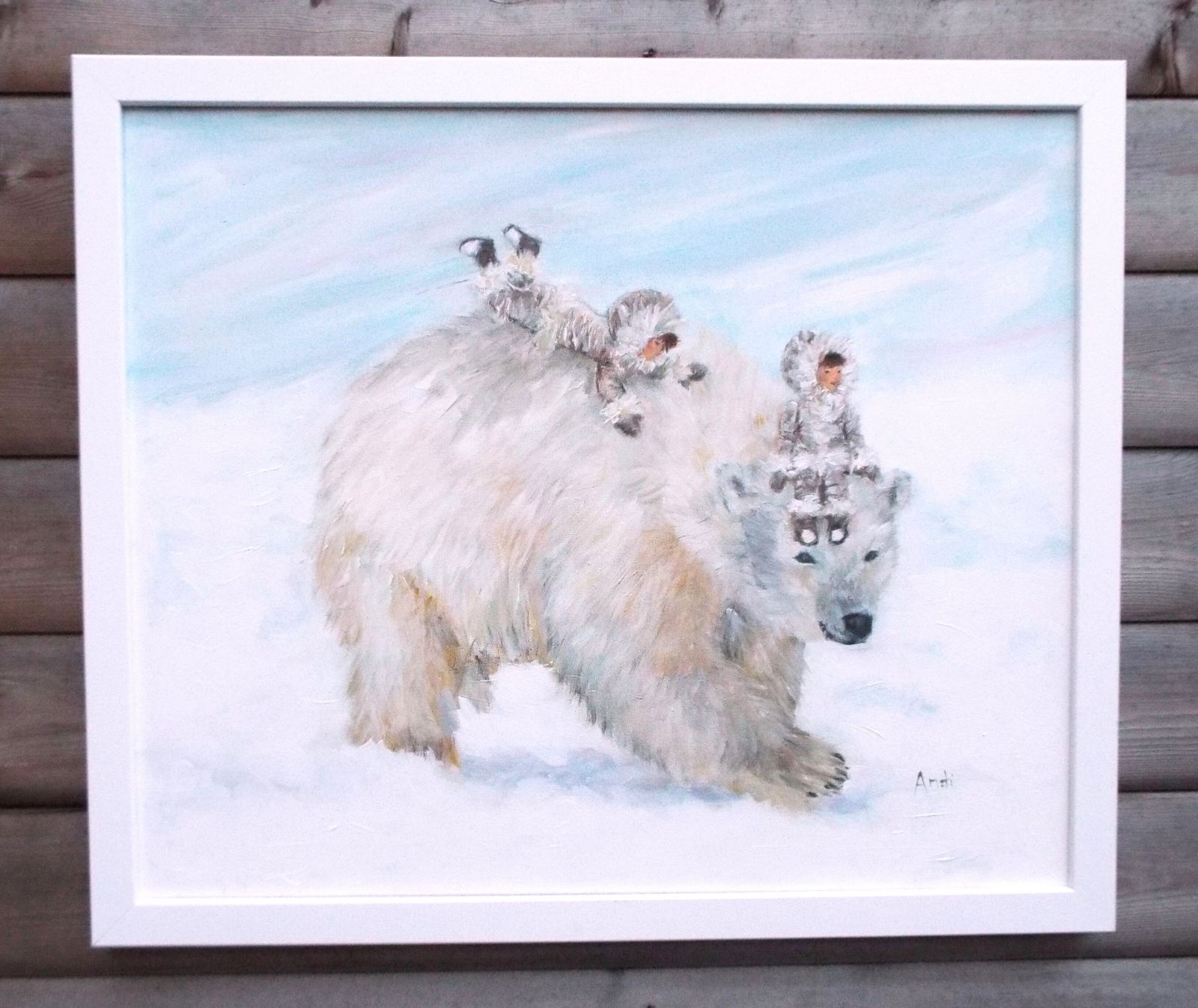 New Framed Original Painting Fantasy Art Polar Bear And Children Signed Andi J Lucas photo 425.0