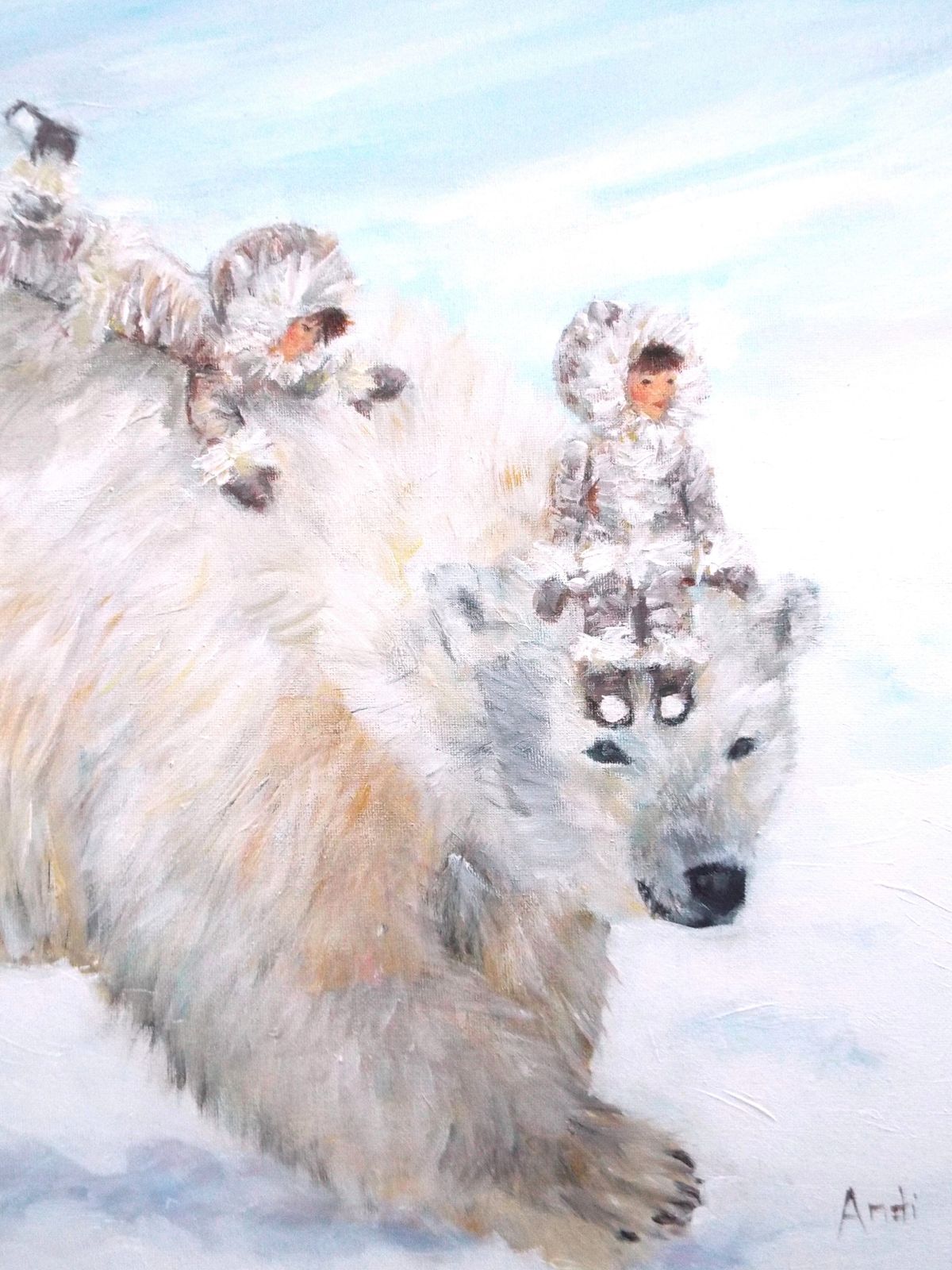 New Framed Original Painting Fantasy Art Polar Bear And Children Signed Andi J Lucas photo vinterior