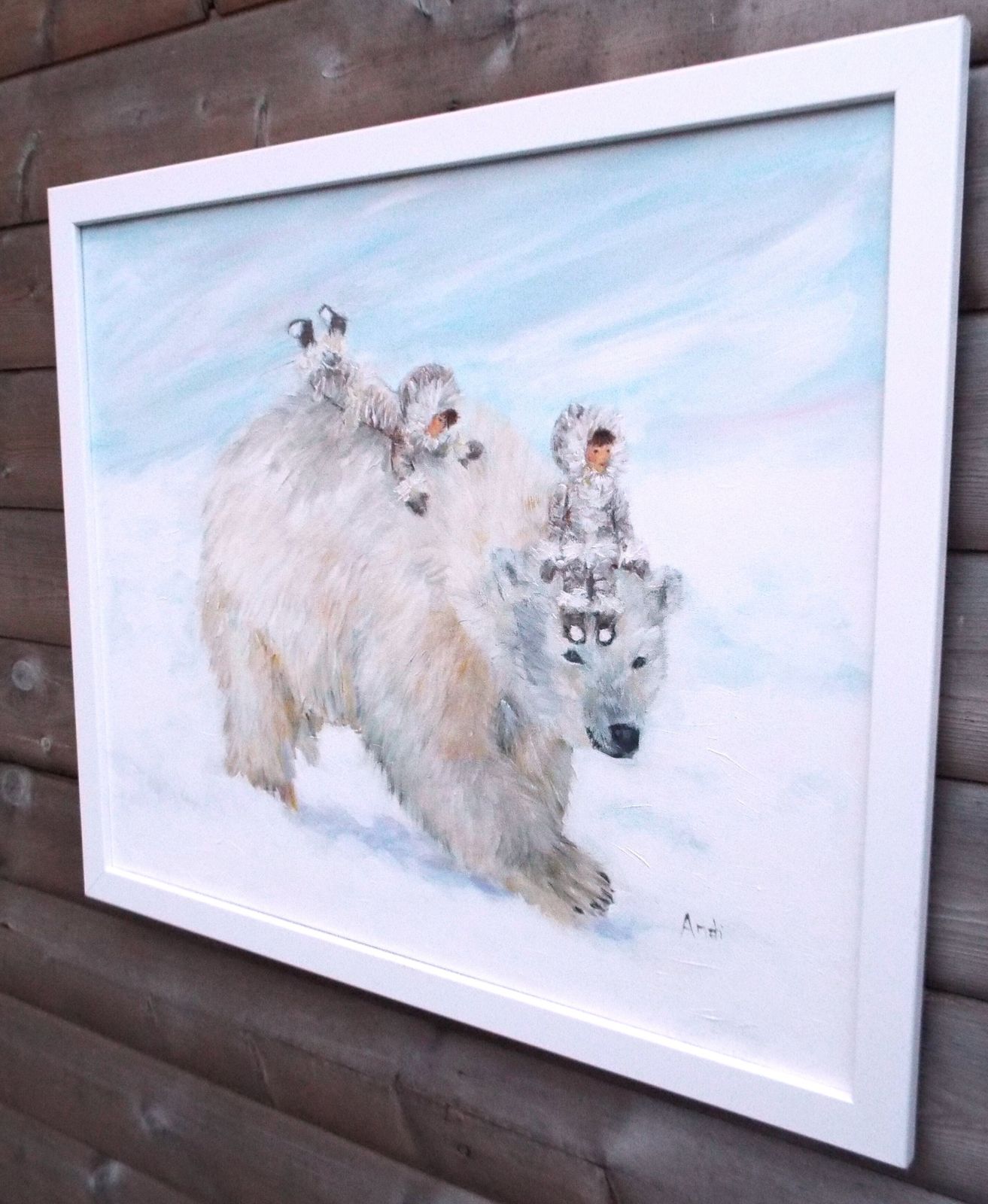 New Framed Original Painting Fantasy Art Polar Bear And Children Signed Andi J Lucas photo buy