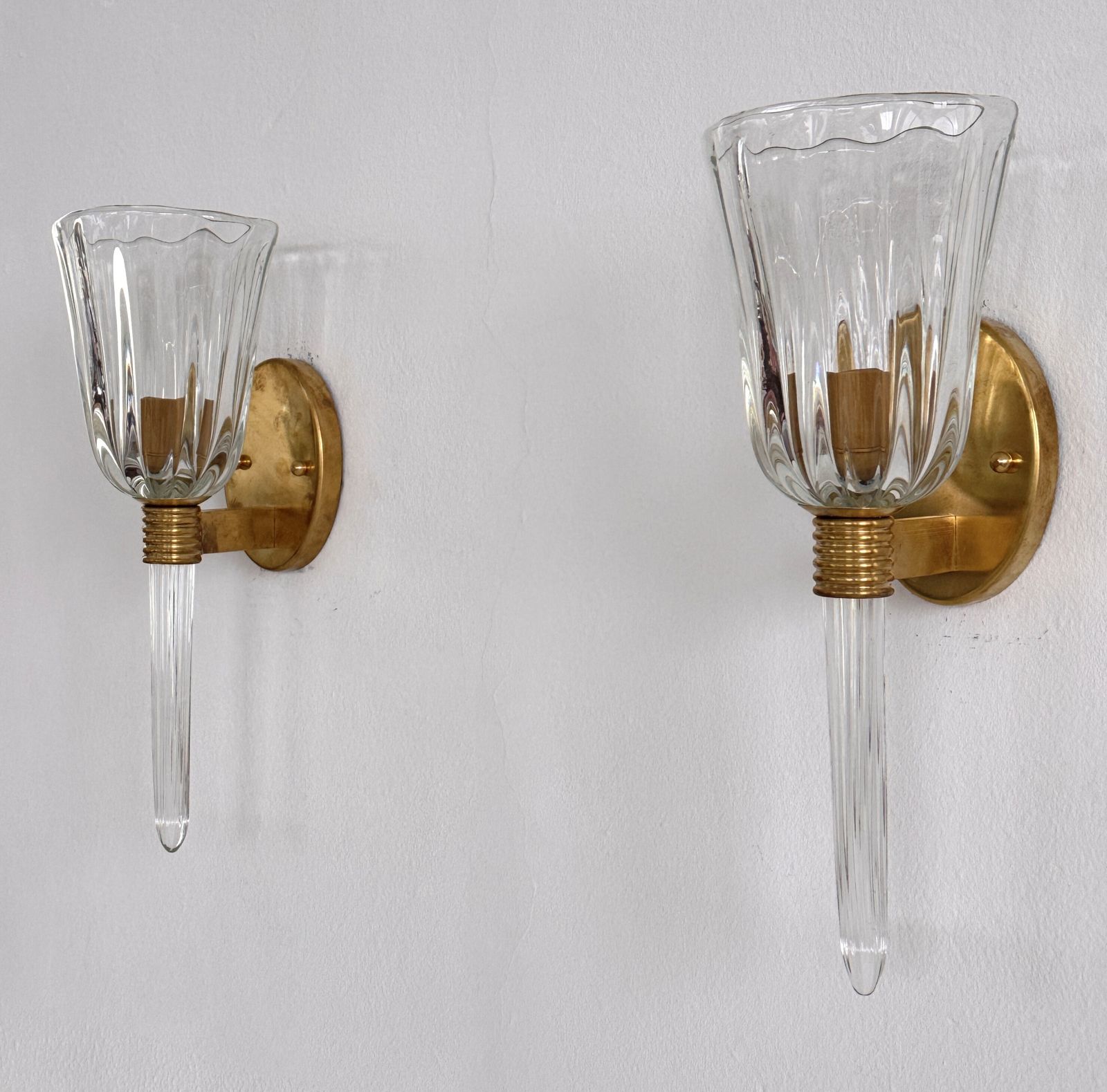 Lighting Italian Murano Crystal Glass And Brass Wall Sconces In The Art Deco Style photo